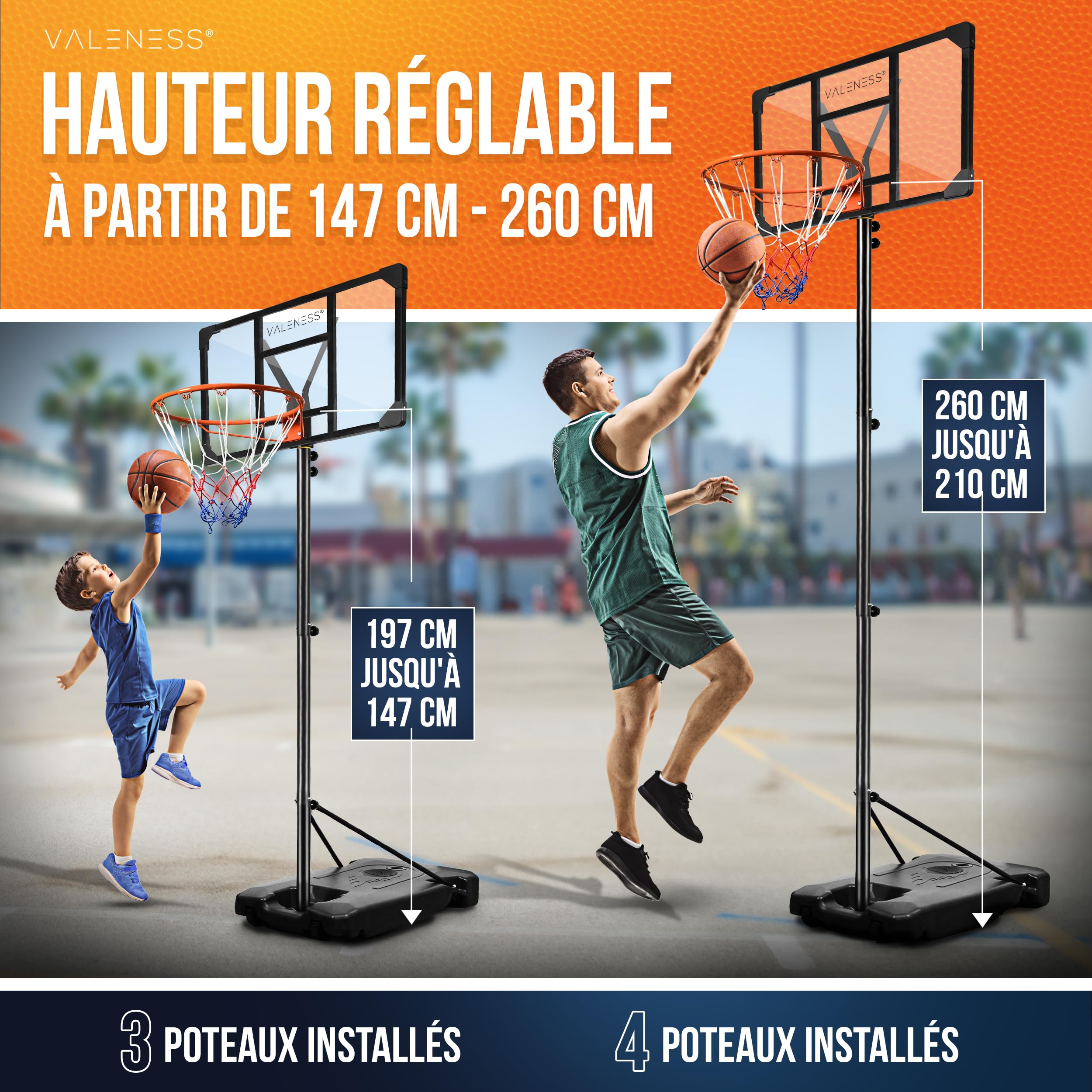 VALENESS® Panier de Basketball extérieur réglable [135-305 cm] - résistant aux intempéries, avec Ballon et Pompe – pour Enfants et Adultes