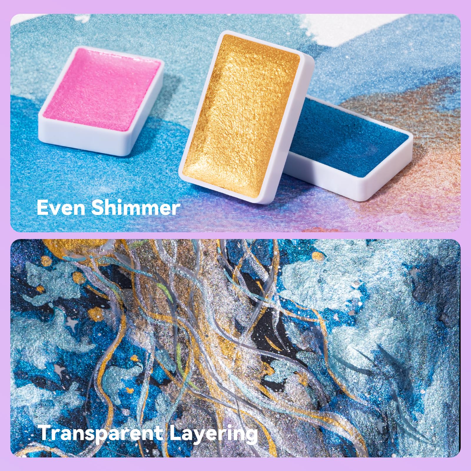 48 Farben Metallic Aquarellfarben-Set – Vollnäpfchen mit Perlmutt- & Glitzereffekt, hochpigmentiert, herausnehmbare Näpfchen. Ideal für Anfänger, Künstler und Aquarellmalerei
