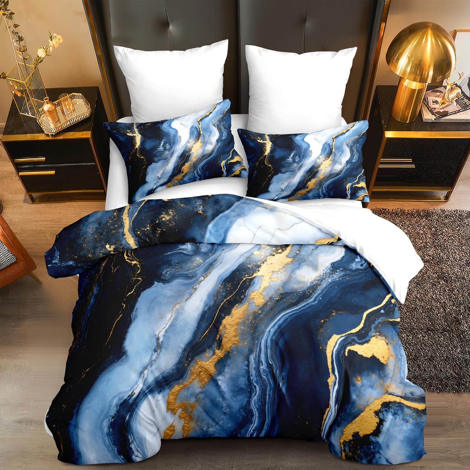 Blue Marble Comforter Set King Size Golden Marble Textured Comforter Abstract Modern Stone Like Marbling Soft Breathable Microfiber Bedding Set 3 Pcs for Bedroom Decor