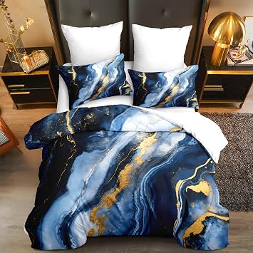 CCoutueChen Blue Marble Comforter Set Golden Marbling Texture Aesthetic Comforter 3 Pieces Chic Modern Striped Soft Warm Bedding Set Women Men Room Decor with 2 Pillowcases