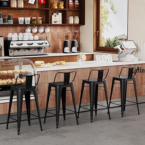 Miniatura 9 de Yongchuang Juego de 4 taburetes de bar de metal, taburetes de bar negros de 26 pulgadas con respaldo de cocina, sillas de bar de altura para Negro