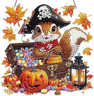 Halloween Diamond Art Hanging Kit for Adult, Fall Diamond Painting Pendant Board Kit, Squirrel 5D Diamond Art Suncatchers Pumpkin Double Sided Hanging Acrylic Window Art Ornament for Home Garden Decor