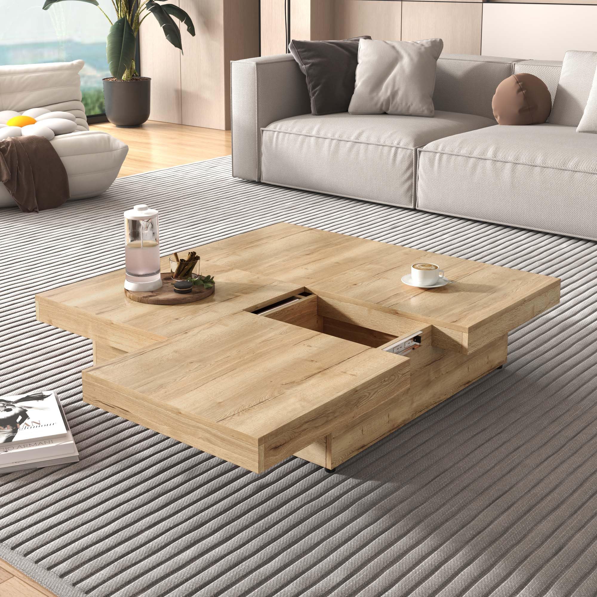 Square Coffee Table with Storage, Sliding Walnut Coffee Table, 39.4'' Low Profile Center Tables for Living Room, Apartment & Modern Homes (Natural)
