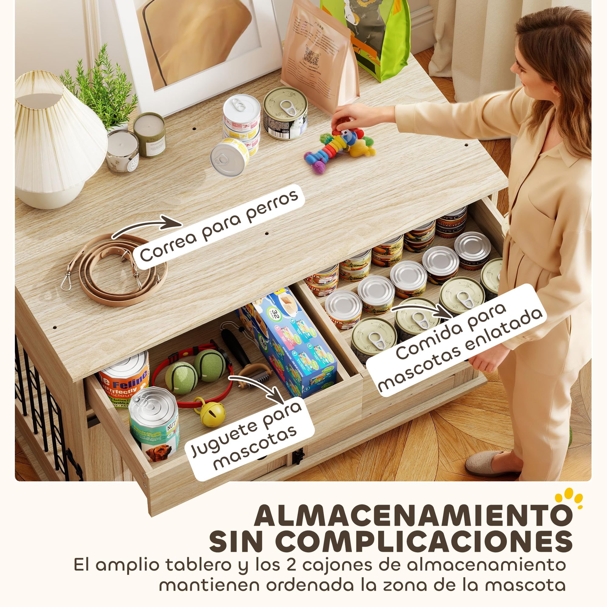 PawHut Jaula para Perros con Ruedas, Mesa Auxiliar, Casa para Mascotas Moderna con 2 Cajones, 2 Puertas y Cierre, para Perros Medianos y Grandes, 100x56x81 cm, Roble