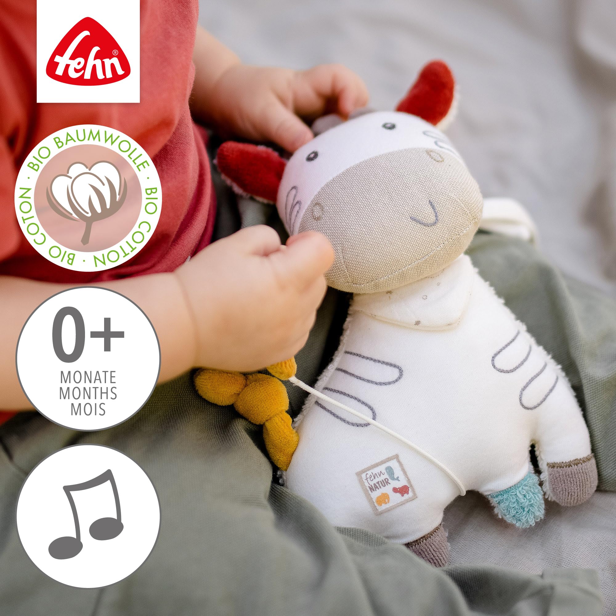 Fehn NATUR pozytywka dla niemowląt pomoc w zasypianiu Zebra - przytulanka z bawełny organicznej - pomoc w zasypianiu melodia "Bruder Jakob" - zabawka dla niemowląt w podróży i w domu - zabawka