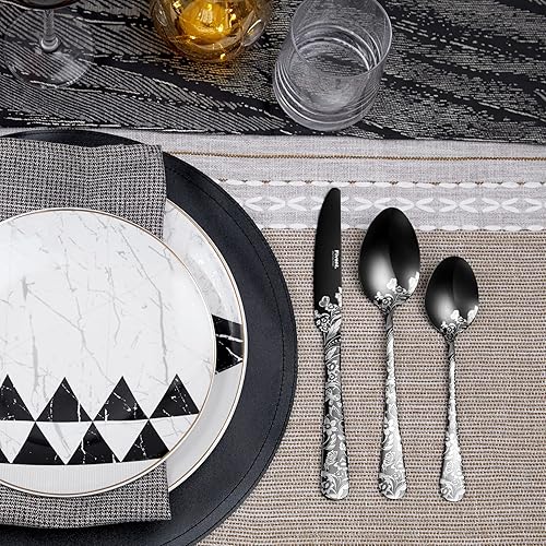 Miniatura 10 de Fivent Juego de cubiertos Jungle Black - 20 piezas incluye 8 cucharas 8 tenedores 4 cuchillos acero inoxidable apto para lavavajillas vajilla pulida