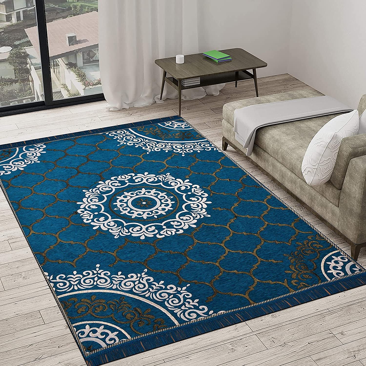 Sparrow World Premium Exclusive Chenille Artificial Flora Living Room Carpet Sky Blue, 5 Feet X 7 Feet, Large Rectangle