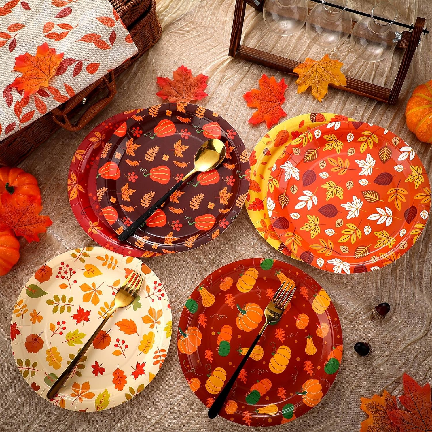 Jinei 60 Pack Fall Paper Plates 9 Inch Thanksgiving Dessert Plates Dinner Disposable Serving Autumn Party Supplies Decoration for Thanksgiving Fall Dining Party Picnic Wedding BBQ