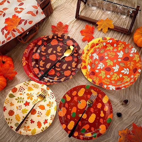 Miniatura 5 de Jinei Paquete de 60 platos de papel de otoño de 9 pulgadas, platos de postre de Acción de Gracias, platos desechables, suministros de fiesta de