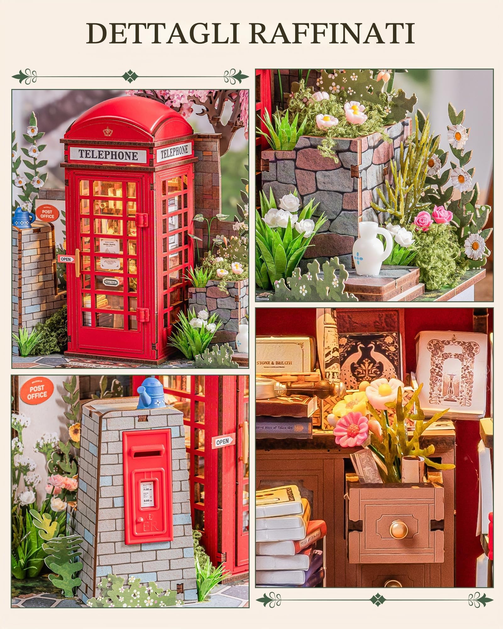 Rolife Puzzle 3D in Legno Cabina Telefonica Rossa di Londra Blossom Chiosco di Libri Modellino Fai da Te per Adulti con Luci LED Decorazione per la Casa Idea Regalo Creativa per Viaggiatori