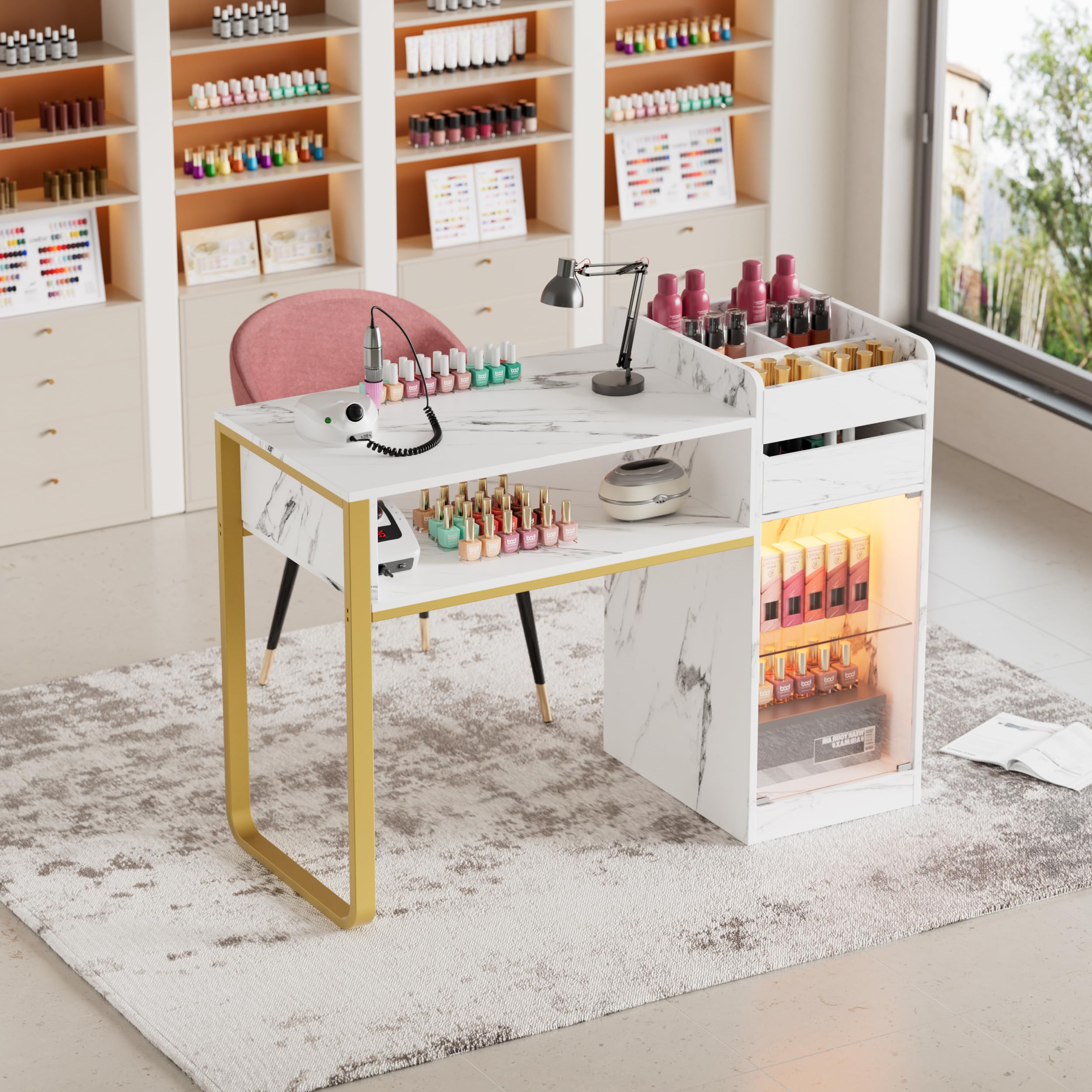 Tavolo per Manicure in Legno con Cassetti e Luci LED Regolabili, Marmo-Bianco-Oro, 117x45x81cm, per Salone di Bellezza