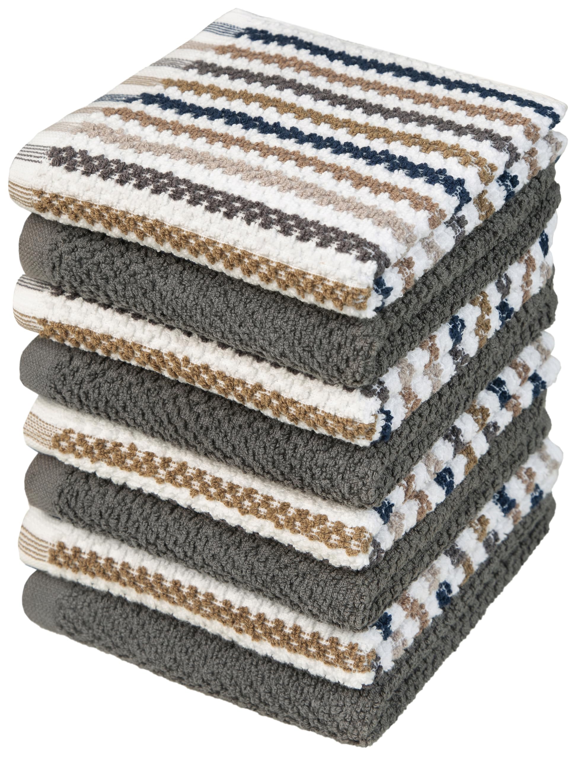 Bumble - Paquete de 8 paños de cocina de algodón, 12 x 12 pulgadas, rayas anchas grises