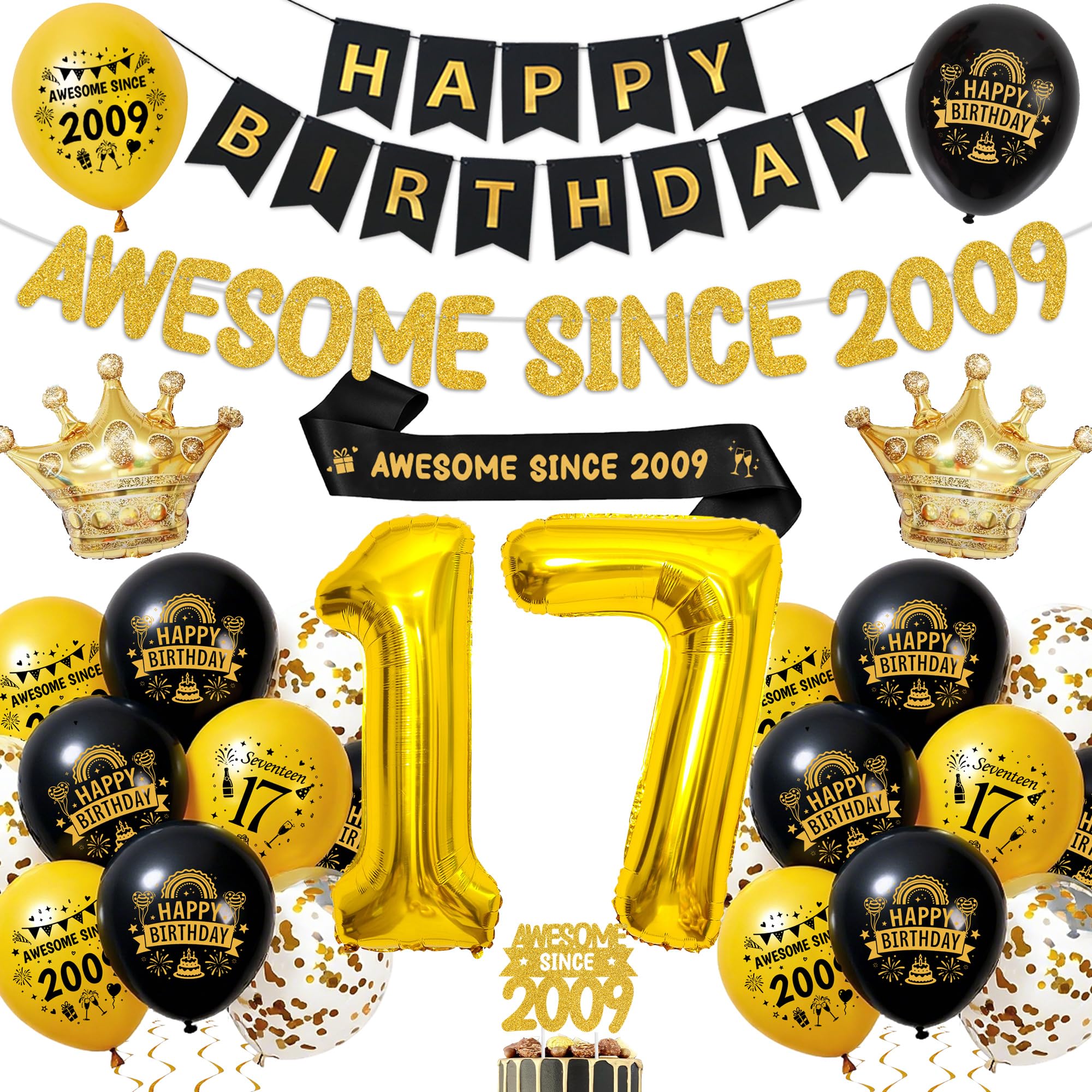 17th Birthday Decorations Black Gold, Party Supplies for Boys and Girls — image 1