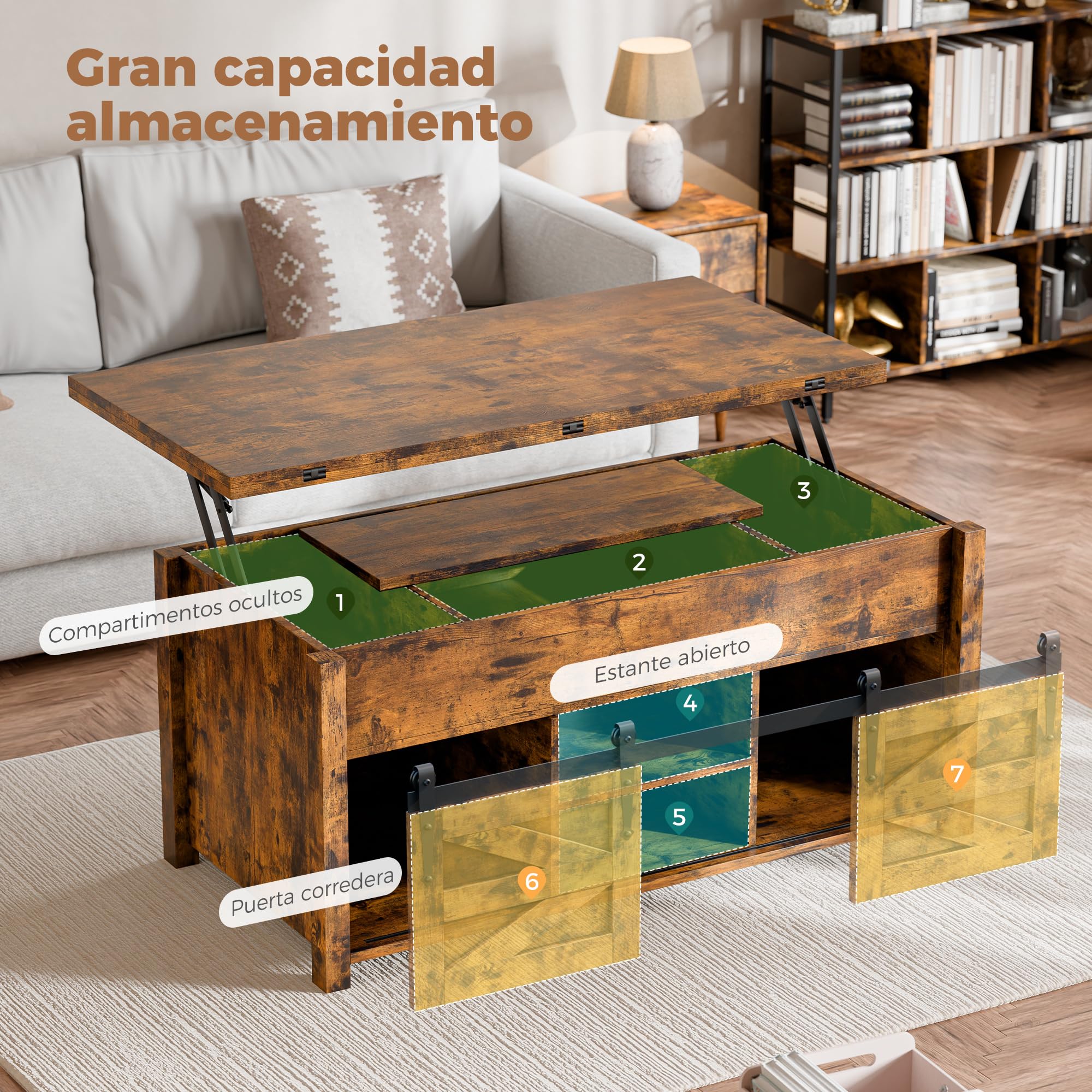 ELUCHANG Mesa de Centro Elevable y Extensible 4 en 1 para Salón, Comedor y Oficina, Mesa de Cafe con Amplio Espacio de Almacenamiento, Madera en Marrón Rústico