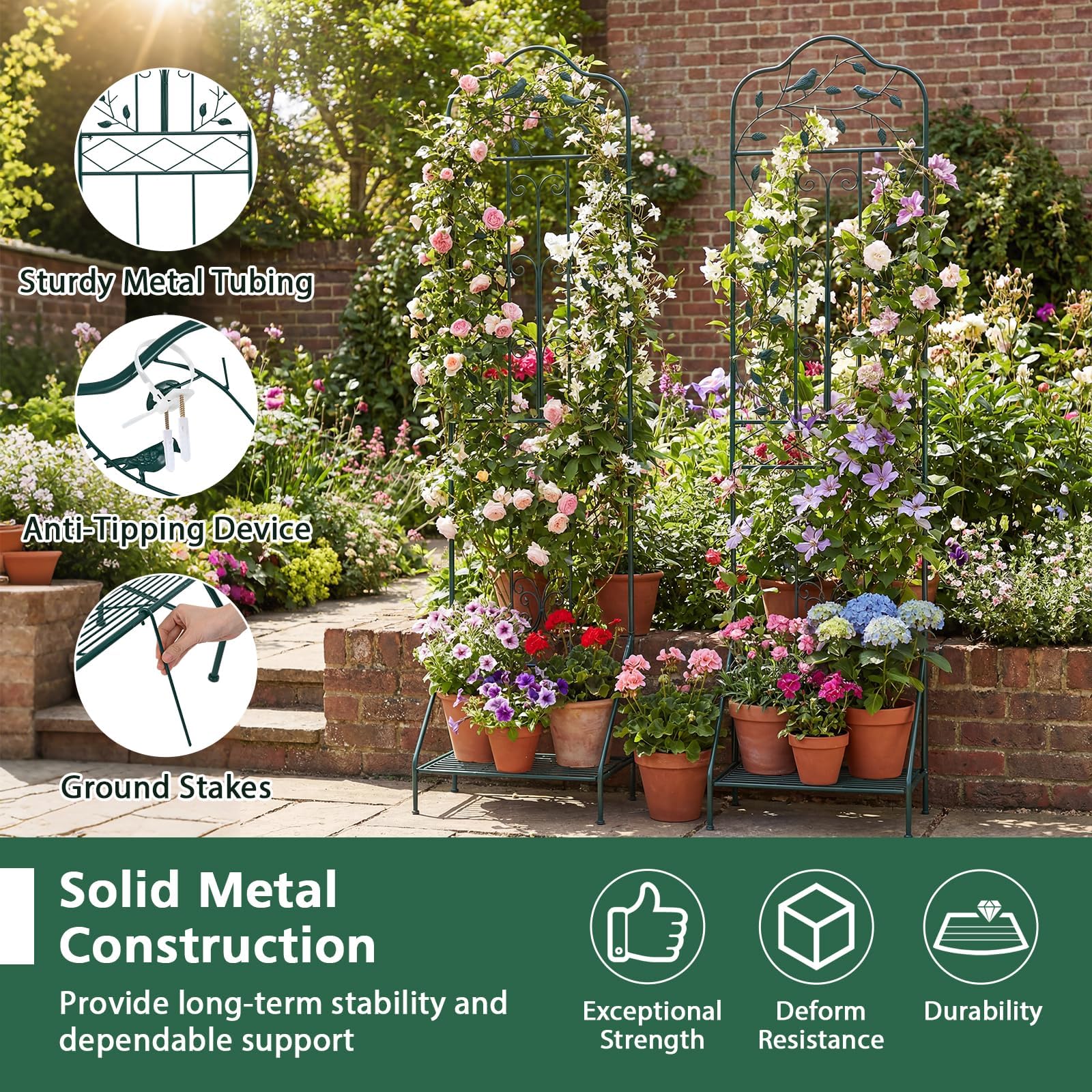 FANTASK Griglia per traliccio in metallo 3 in 1, con base, recinzione decorativa da giardino e scaffale per fiori, per piante rampicanti, fiori e verdure (verde scuro)