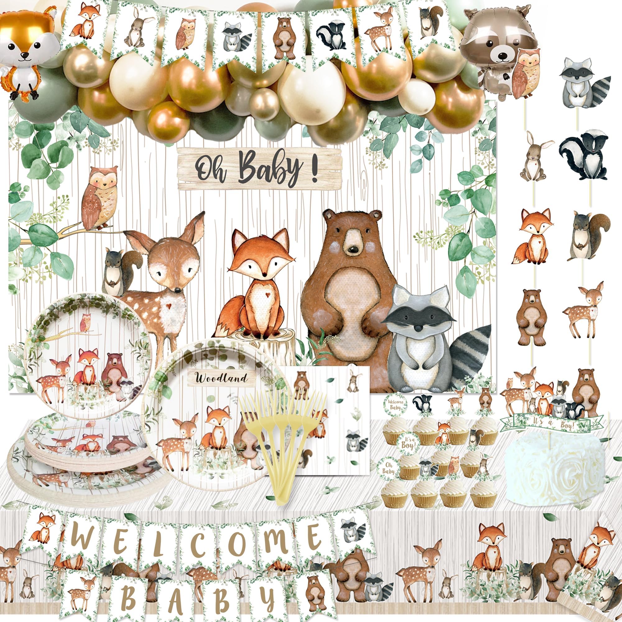 Woodland Baby Shower Party Supplies Decorations Fox Balloon Oh Baby Woodland Welcome Baby Banner Creatures Fawn Animal Friends Garland Backdrop Cake Cupcake Topper for Girl Boy Gender Reveal