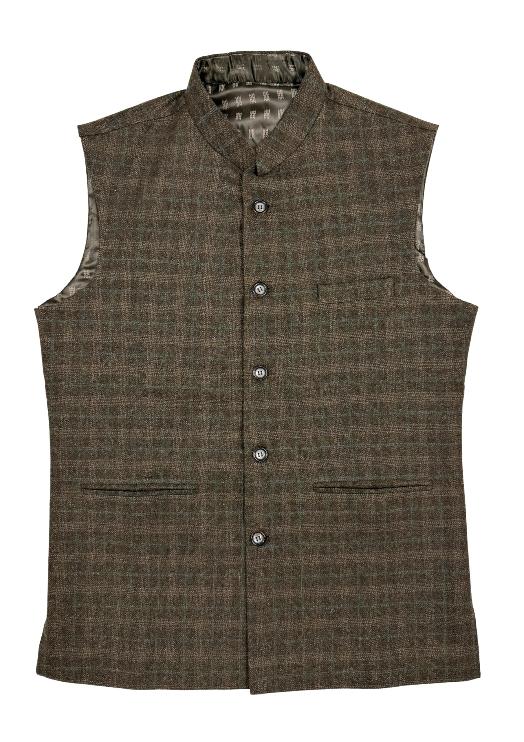 r.b.s Traditional Olive Green Check Nehru Jacket for Men in Classic Tweed and Satin Lined.-picture-10