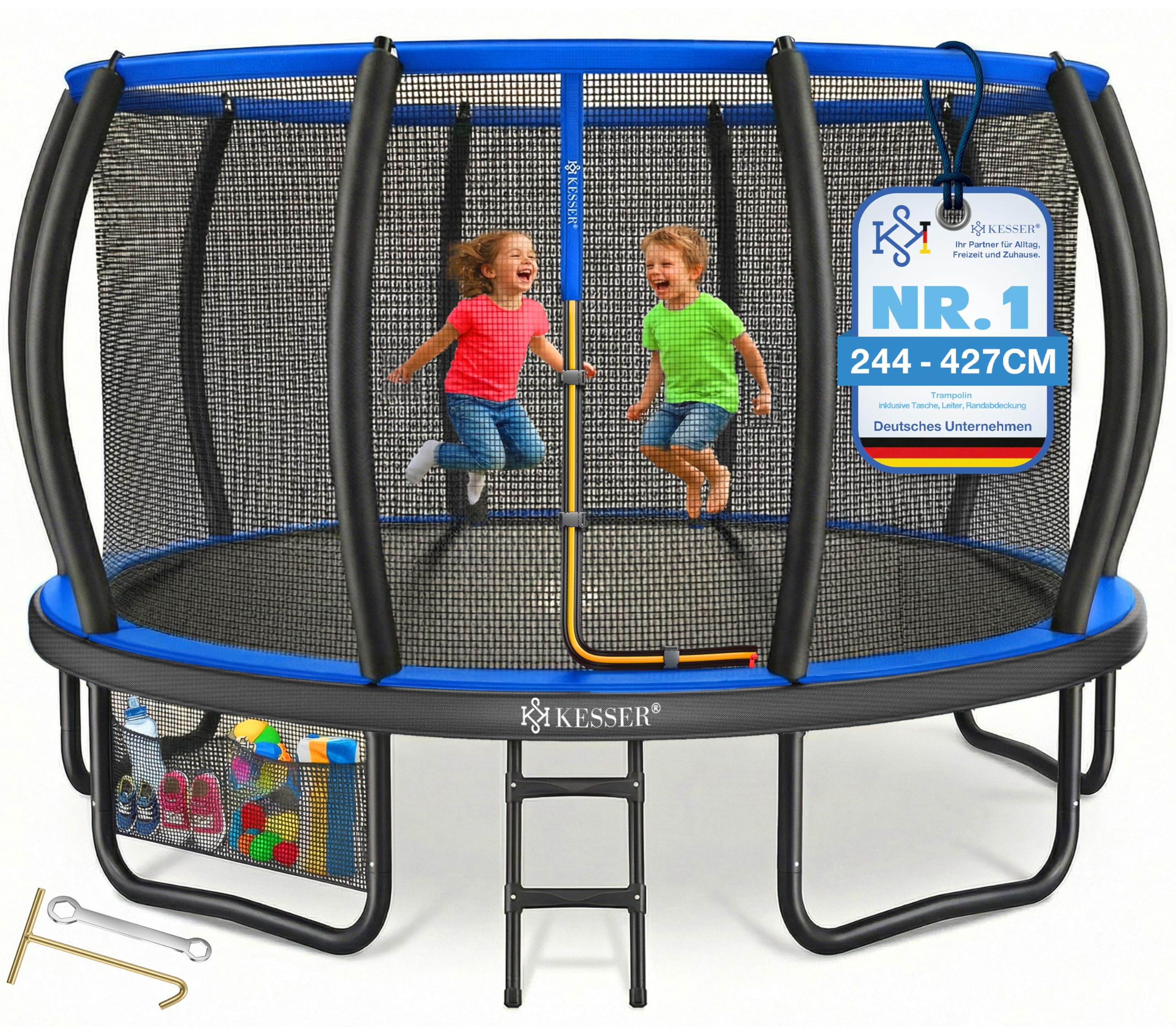 KESSER® Trampolin Outdoor Ø 244/305/366/427 cm, GS-Zertifikat, Gartentrampolin für Kinder & Erwachsene <150 kg mit Sicherheitsnetz, inklusive Tasche, Leiter, Randabdeckung & gepolsterten Netzstangen