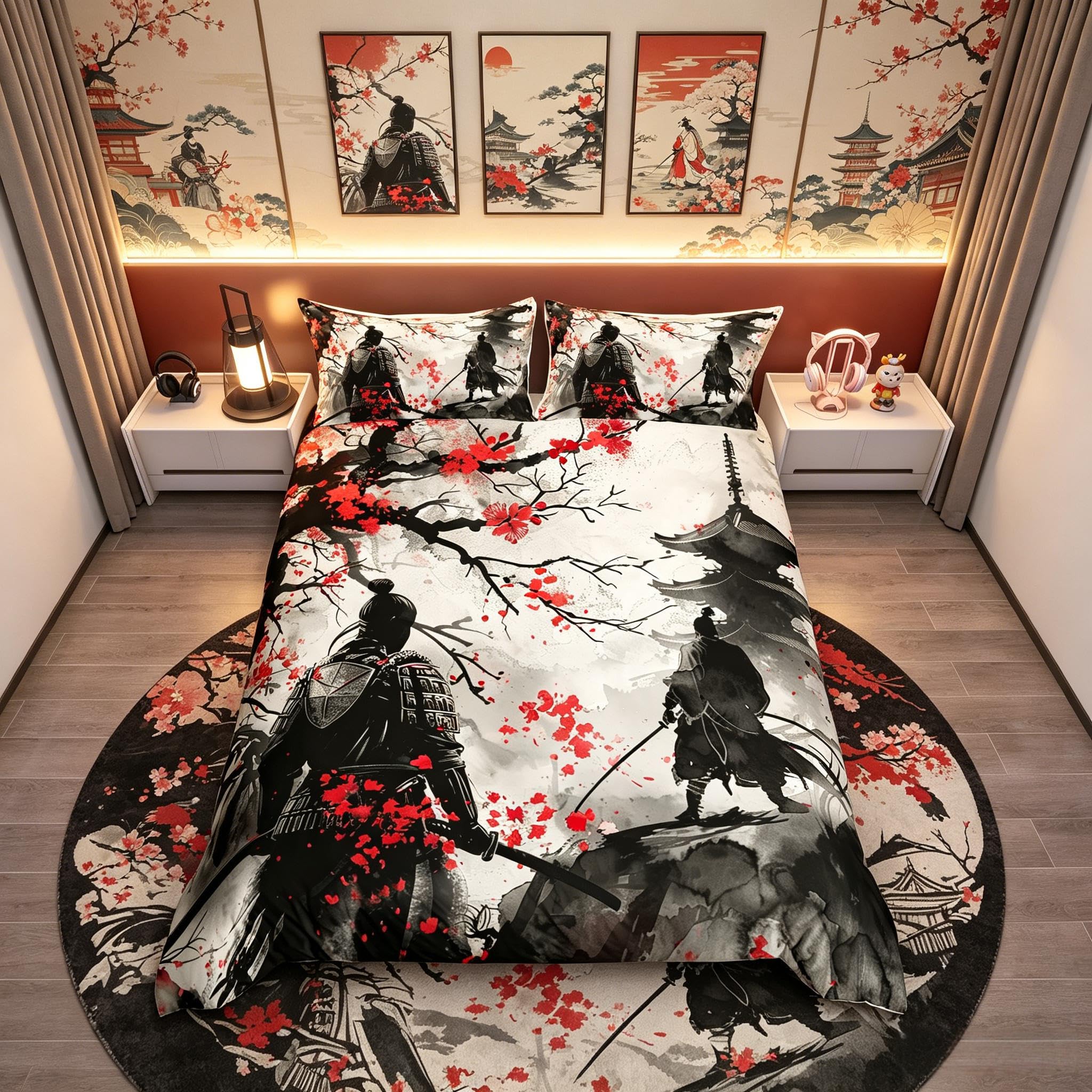 Richhome Boys Gray White Japanese Samurai Duvet Cover Kids Japanese Ukiyoe Bedding Set For Girls Teens Cherry Blossoms Home Decor Bed Cover Japanese-Style 3Pcs Double