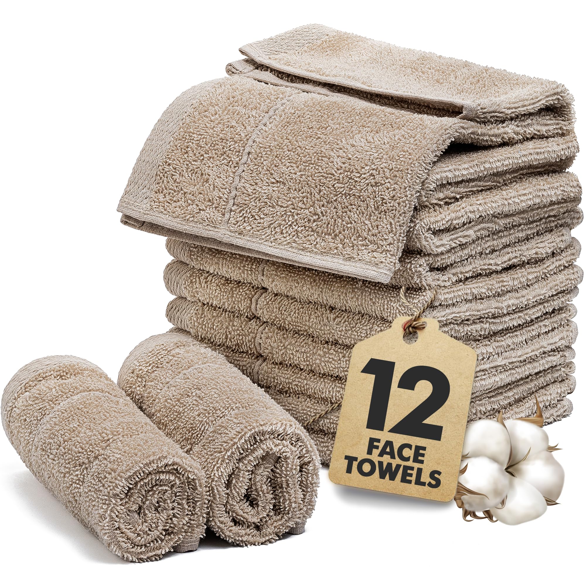 Novo Home Beige Face Towels Pack Of 12 – 100% Cotton Washcloths (30X30cm) – Soft, Quick Dry, Highly Absorbent Flannels For Bathroom, Spa, Gym –