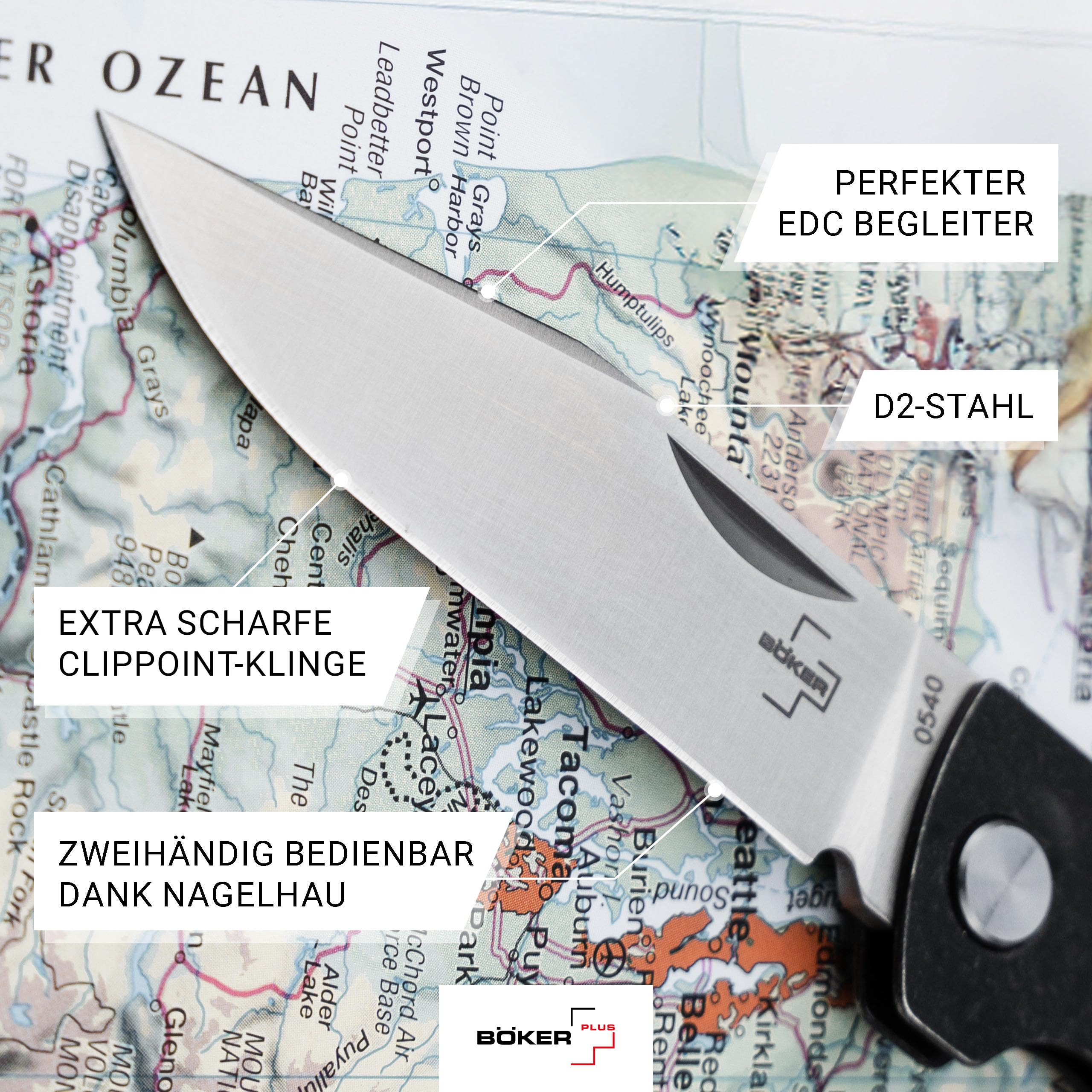 Böker Plus Atlas Backlock Clippoint Taschenmesser - Vollmetall Klappmesser mit 7,4 cm D2 Klinge, Edelstahlgriff EDC