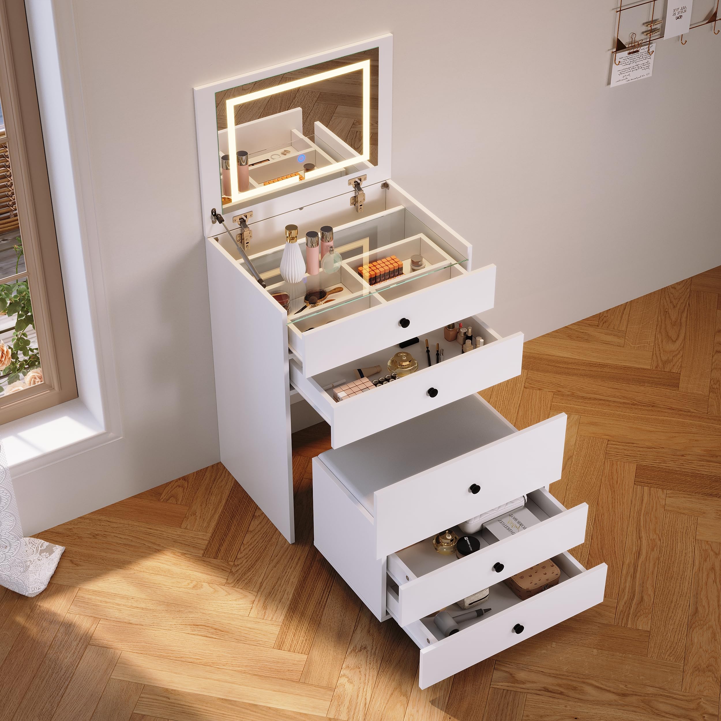SONNI Schminktisch 3 in 1 mit Klappspiegel 4 Schubladen LED Weiß 60x45x83cm | Frisiertisch mit Sichtbarer Glasplatte, Hocker mit 4 Universalrollen, Kosmetiktisch für Schlafzimmer, Wohnung, Loft, Wohnheim