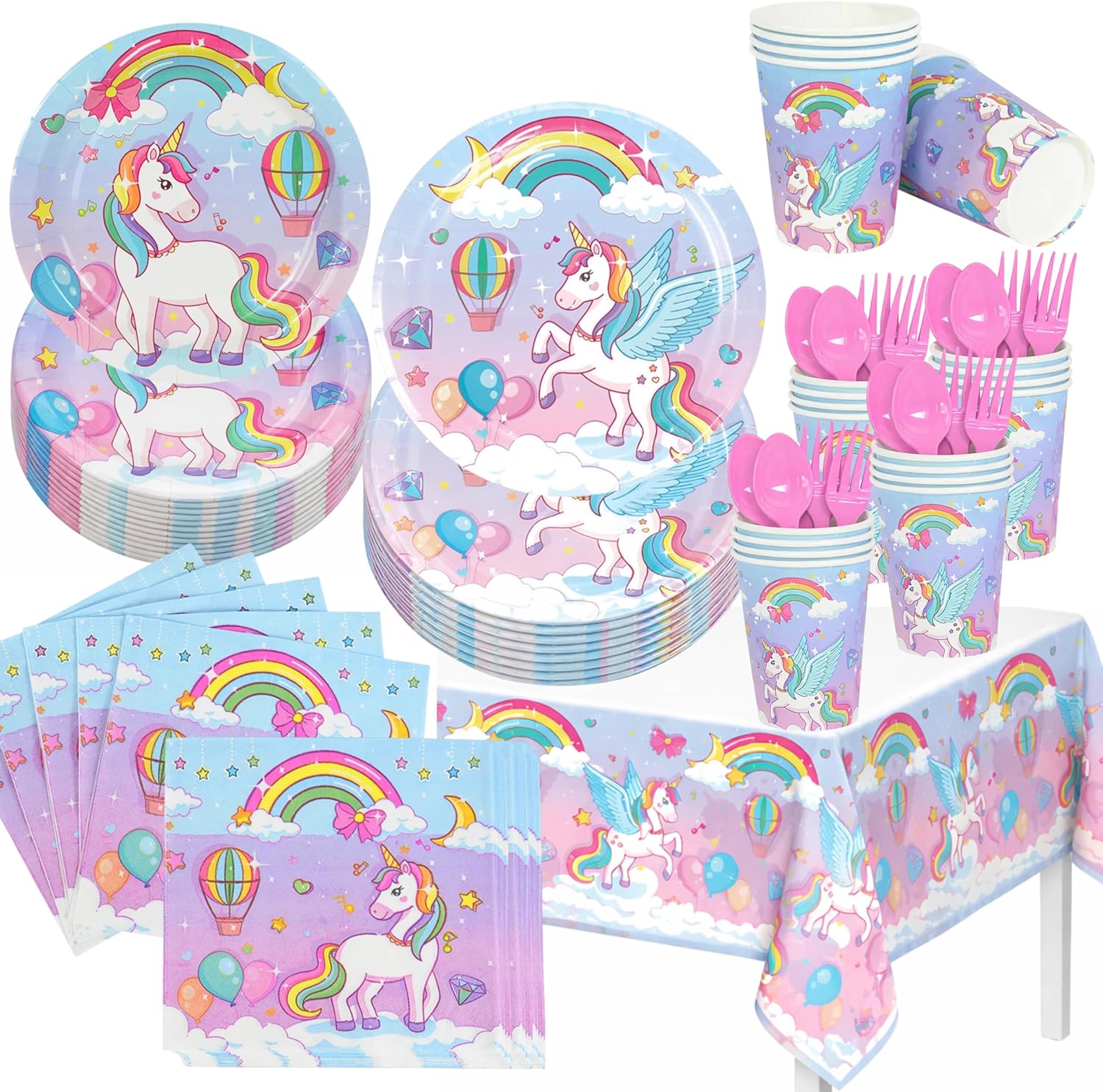Unicorn Birthday Party Decorations Set – 121 PCS Rainbow Unicorn Party Supplies for Girls, Includes Plates, Cups, Napkins, Tablecloth & Pink Cutlery