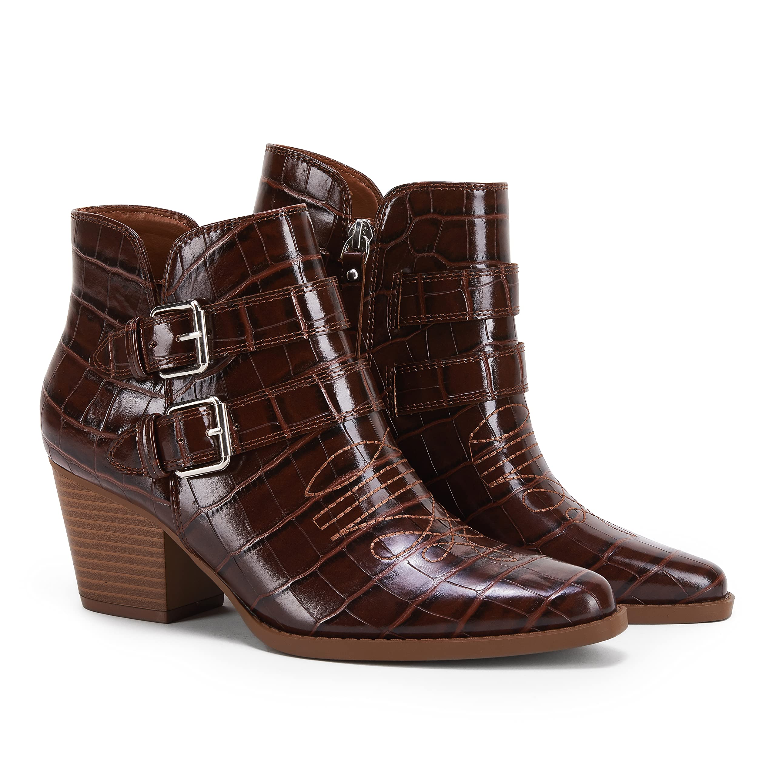 Photo 1 of PiePieBuy Womens Side Zipper Ankle Boots Chunky Stacked Low Heel V Cut Out Pointed Toe Booties With Buckle 7 1/2 Dark Brown