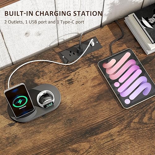 Vista 6 de Whalefall Escritorio de granja de 55 pulgadas para oficina en casa con cajones, escritorio ejecutivo para computadora de madera con archivador