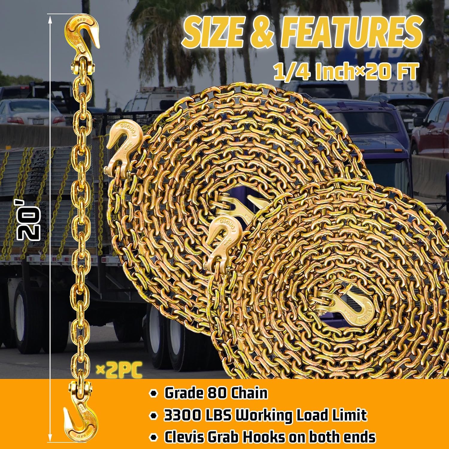 1/4" Tow Chain|G80 Log Chain with G70 Clevis Grab Hooks for Towing|20 FT Heavy Duty Chain Wll 3300 Lbs|Trailer Transport Safety Chain for Towing Truck Tie Down Binding Equipment(2 Pack)