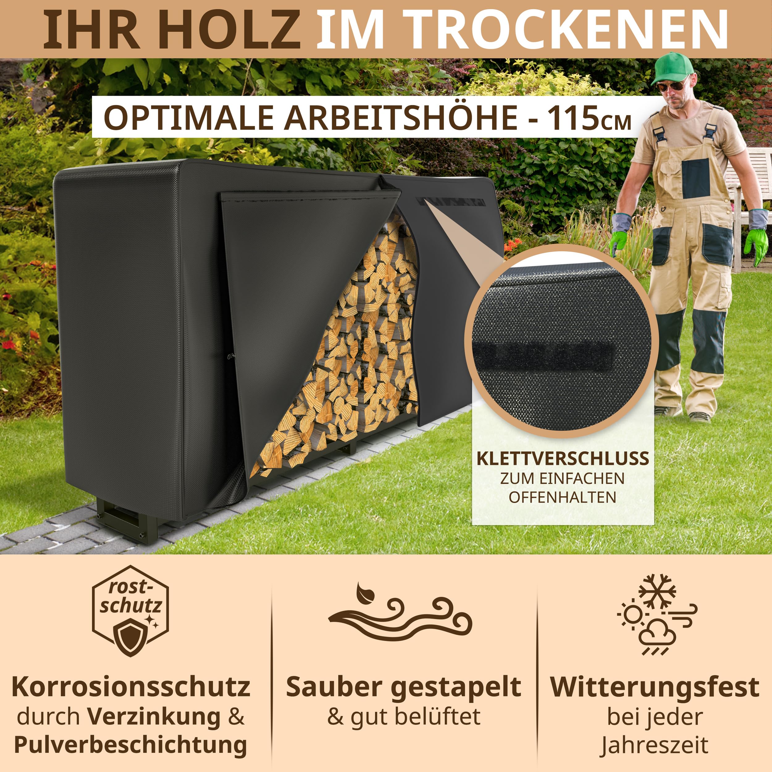 Kaminholzregal außen Metall 223x25x115cm | 25cm tief mit 61cm Plane verzinkte Stapelhilfe Feuerholz Garten mit XXL Abdeckung