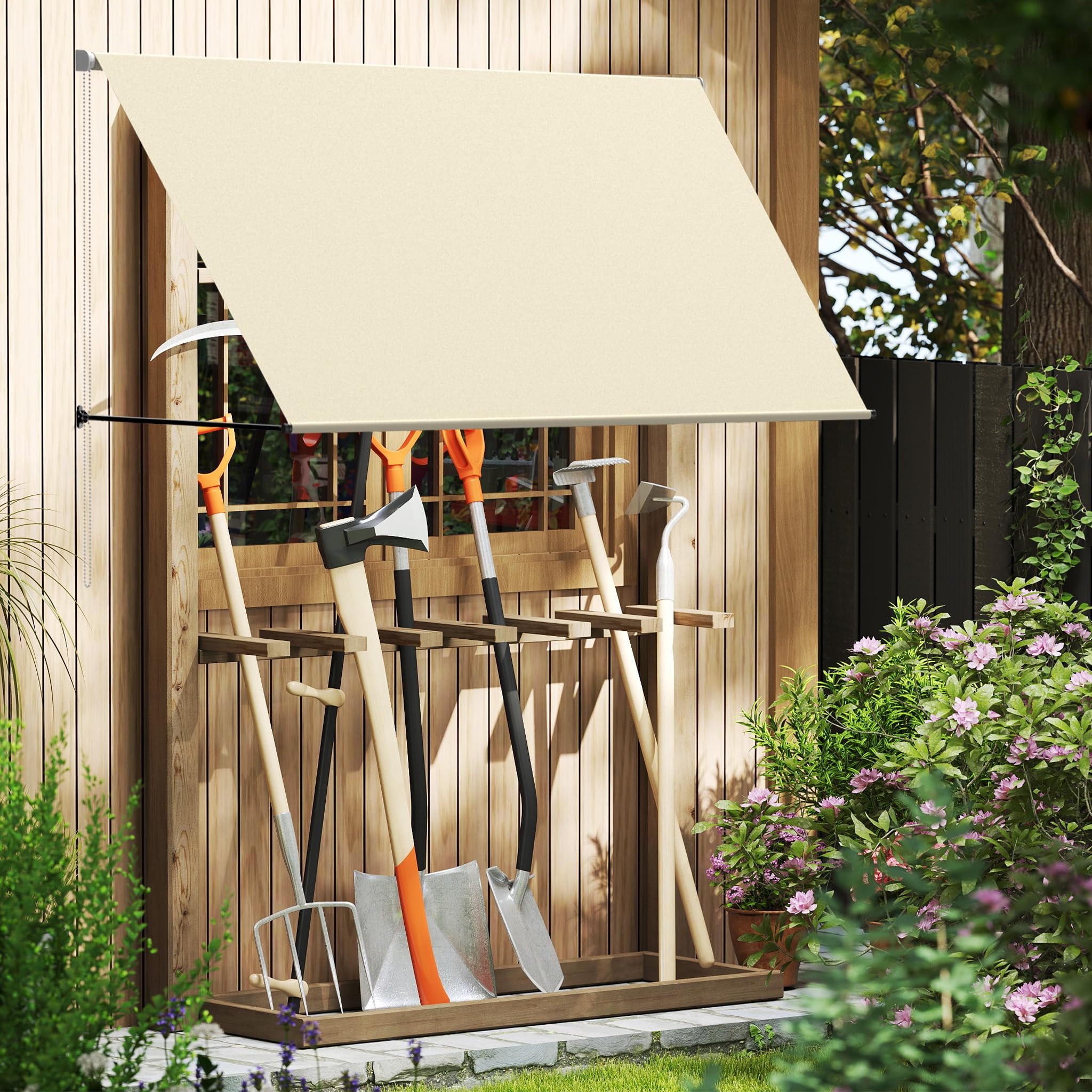 FIVMEN Toldo de brazo plegable retráctil con cordón y barra de soporte de aluminio, toldo para balcón, toldo solar, protección solar para ventanas, terraza, balcón, 300 x 145 cm, beige