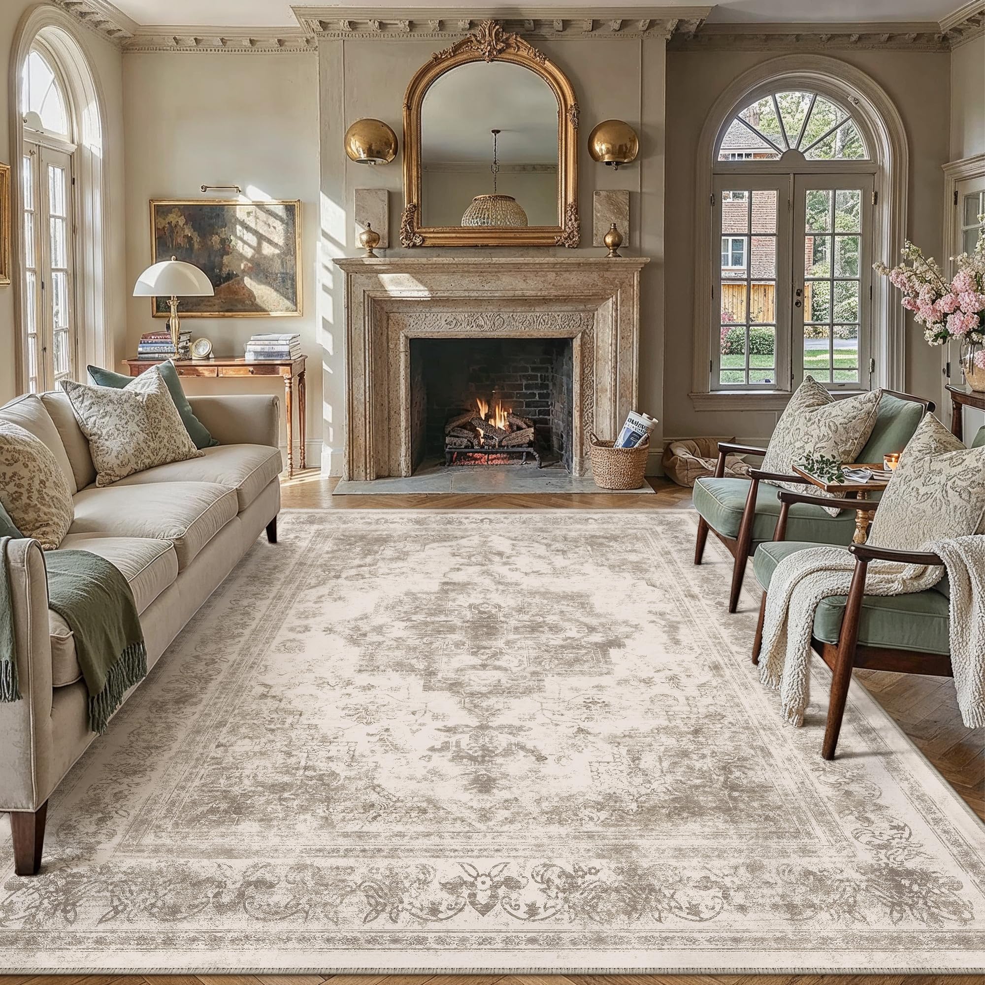 PureCozy Area Rug 6x9 Beige Washable Living Room Carpet Non Slip Vintage Medallion Indoor Bedroom Carpet Low Pile Soft Retro Distressed Large Rug Home Office Dining Room Playroom — image 1