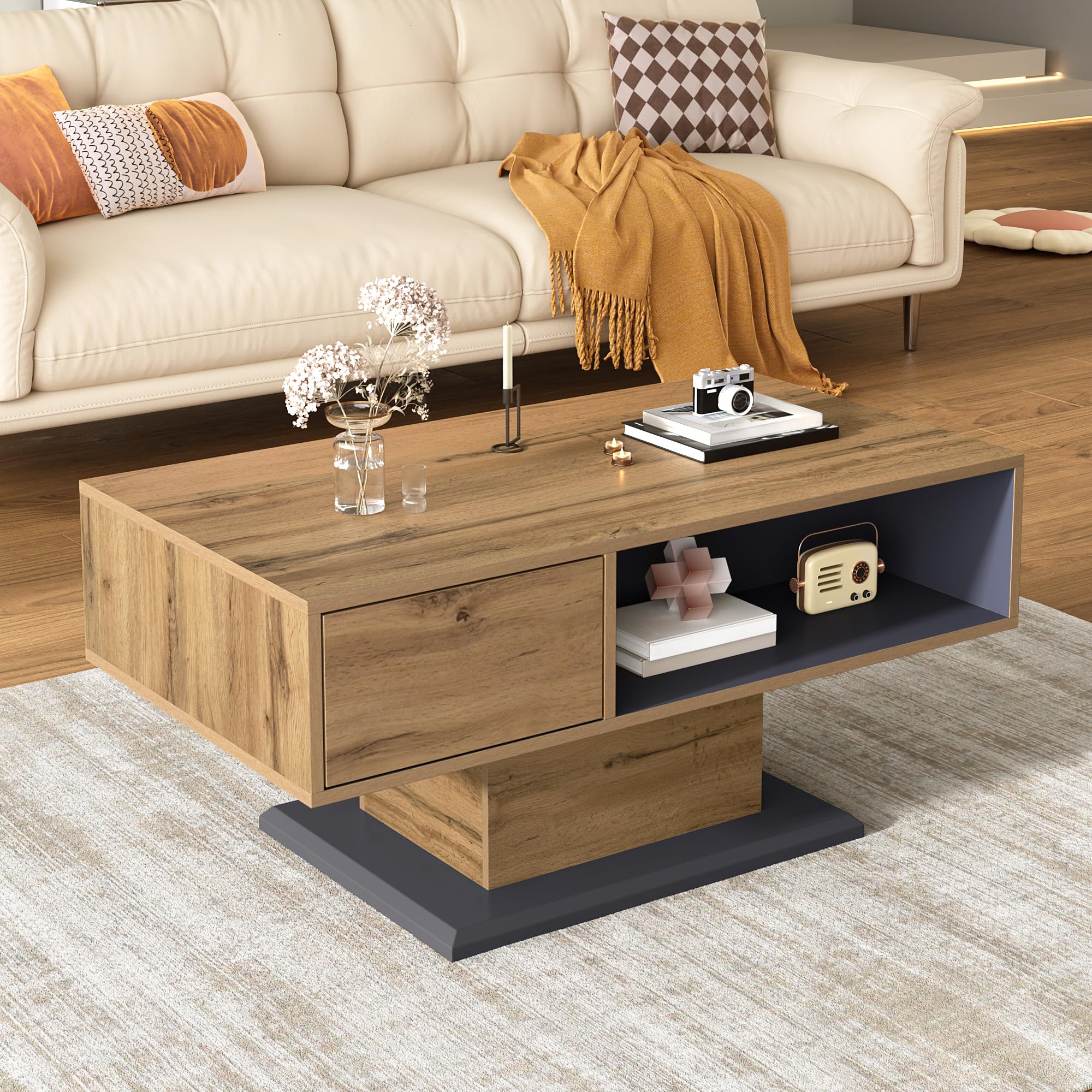 Merax Couchtisch mit doppelseitigem Stauraum 100x50x46,5 cm, Wohnzimmertisch mit großem Ablagefach, Innenfach & Holzoptik, Sofatisch minimalistisch