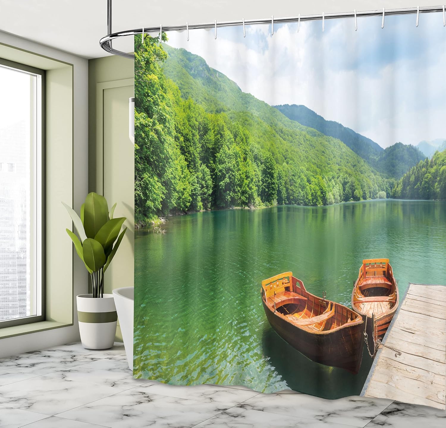 Ambesonne Nature Shower Curtain, Boats on The Lake by Forest Surreal Serene in Woodland Paastoral Landscape, Cloth Fabric Bathroom Decor Set with Hooks, 69" W x 75" L, Fern Green Cinnamon