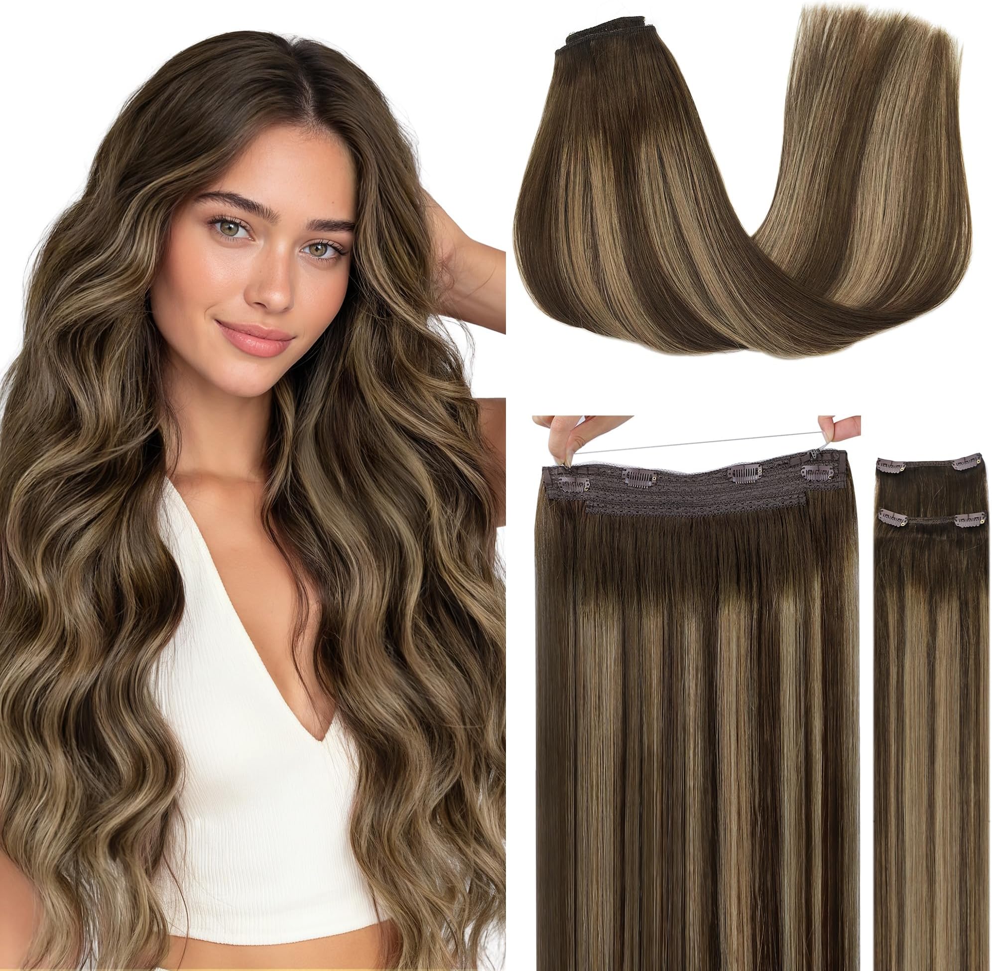 GOO GOO Wire Hair Extensions Human Hair, 4/27/4 Chocolate Brown with Caramel Blonde Balayage 18inch 125g, Invisible Wire Hair Extensions with Transparent, Seamless Fish Line Hairpiece