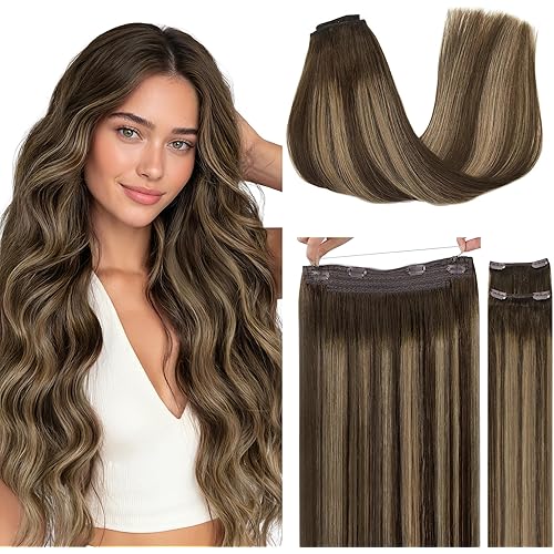 GOO GOO Wire Hair Extensions Human Hair, 4/27/4 Chocolate Brown with Caramel Blonde Balayage 16inch 125g, Invisible Wire Hair Extensions with Transparent, Seamless Fish Line Hairpiece
