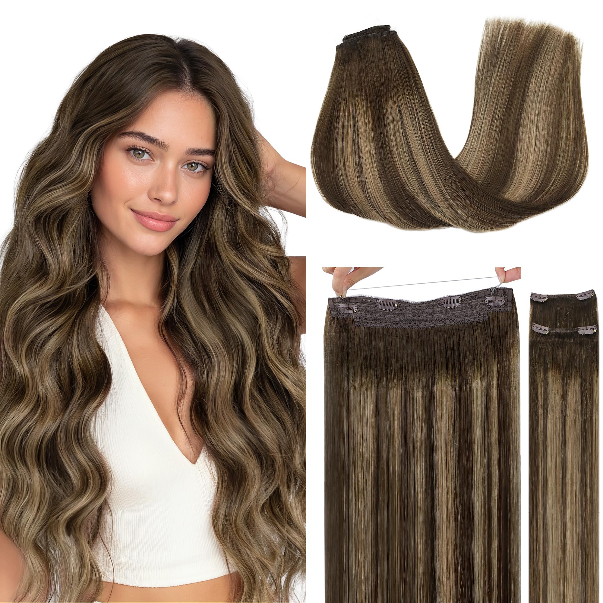 GOO GOO Wire Hair Extensions Human Hair, 4/27/4 Chocolate Brown with Caramel Blonde Balayage 18inch 125g, Invisible Wire Hair Extensions with Transparent, Seamless Fish Line Hairpiece