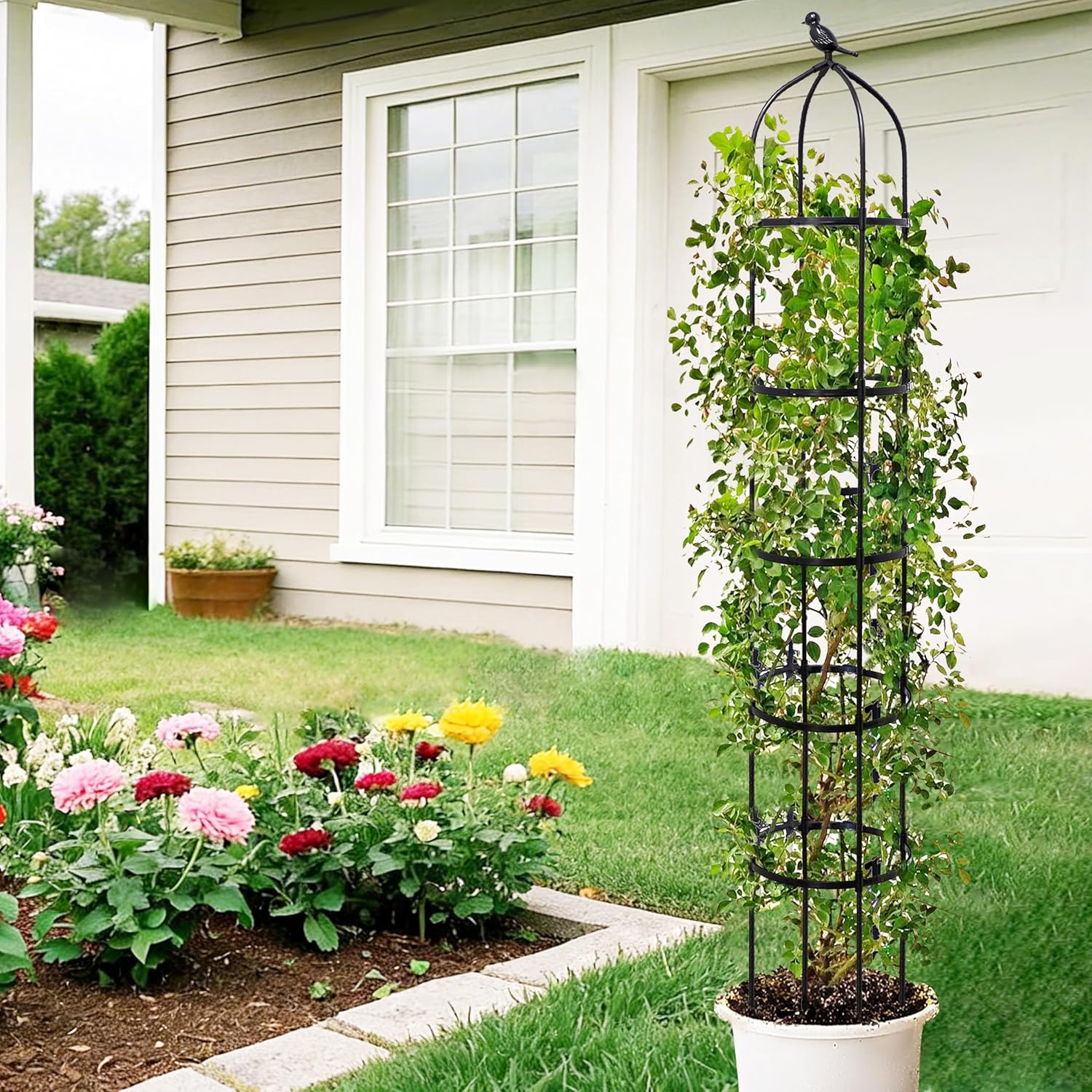 6.7FT Garden Obelisk Trellis for Climbing Plants,Adjustable 5-Tier Metal Plant Support,Rustproof Outdoor Plant Tower with 3 Decorative Tops for Roses,Tomatoes,Clematis & Vines,Black