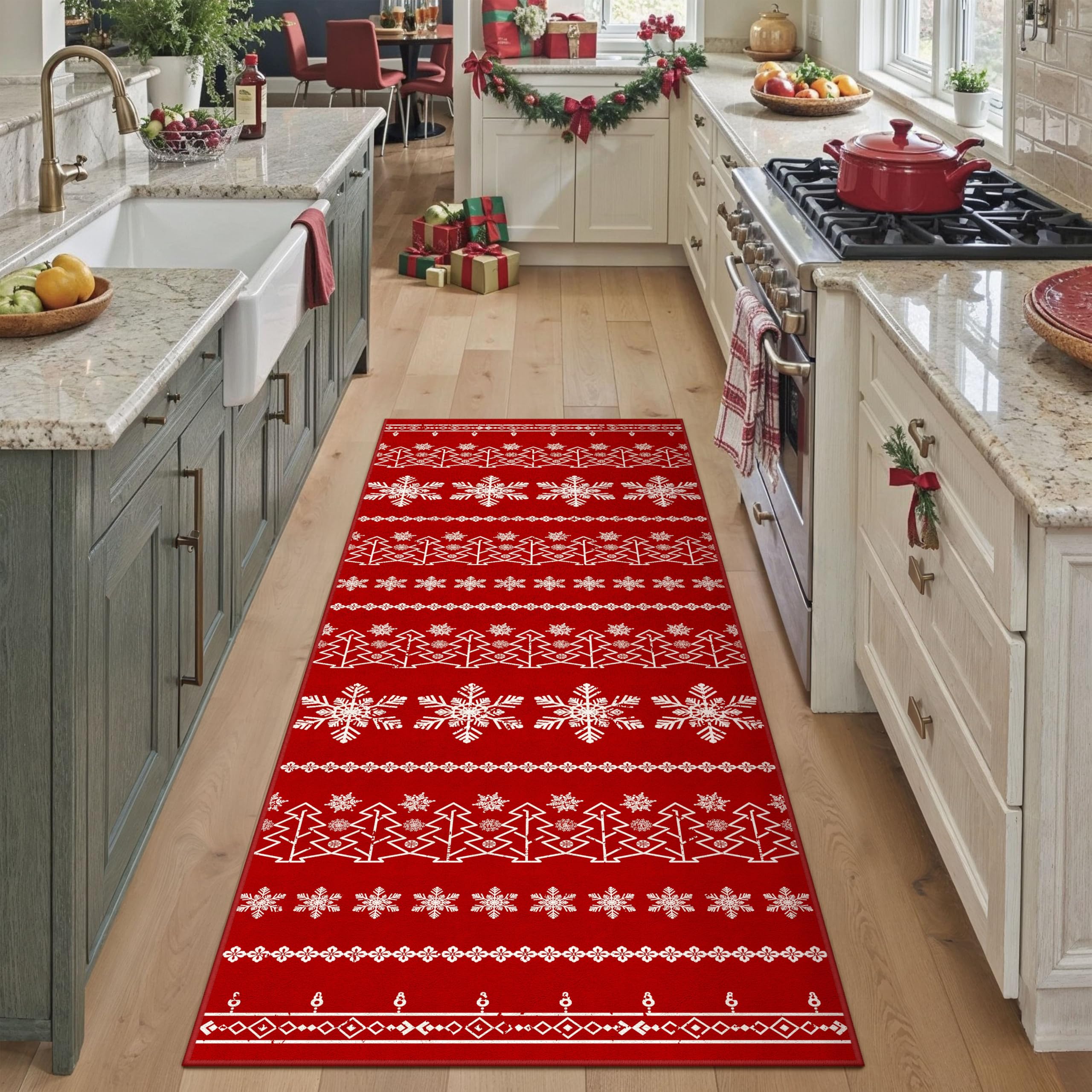 purecozy christmas runner rug 2x6 red washable carpet xmas snowflake holiday decor kitchen non slip soft low pile long carpet indoor throw rug laundry room living room bedroom dining room