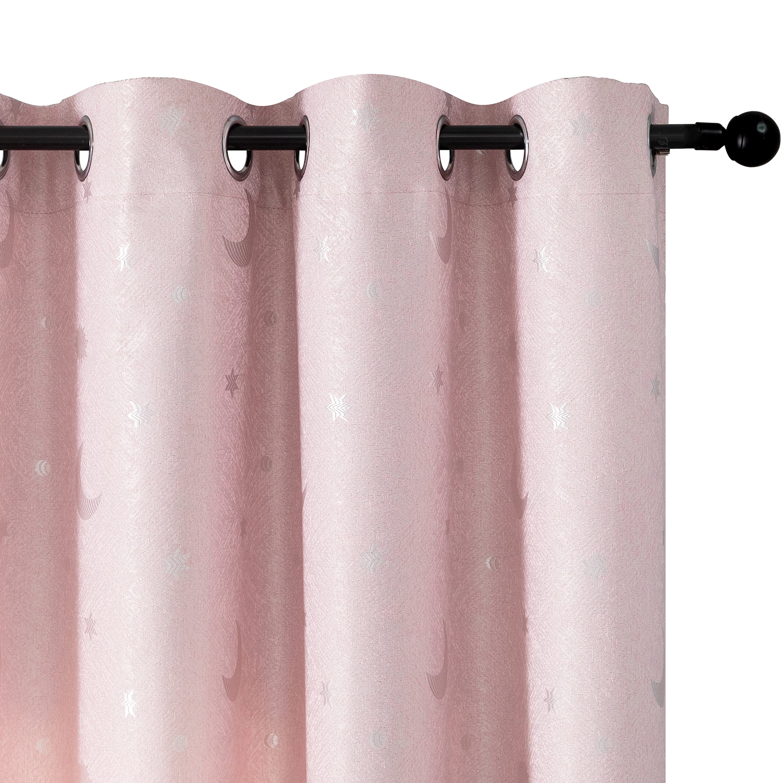 GIRASOLE HOME® Tende Jacquard Semi Oscuranti Fantasia Luna e Stelle Tenda Morbida Termica Isolante 2 Pannelli con Occhielli Rosa Stelle 140x275cm