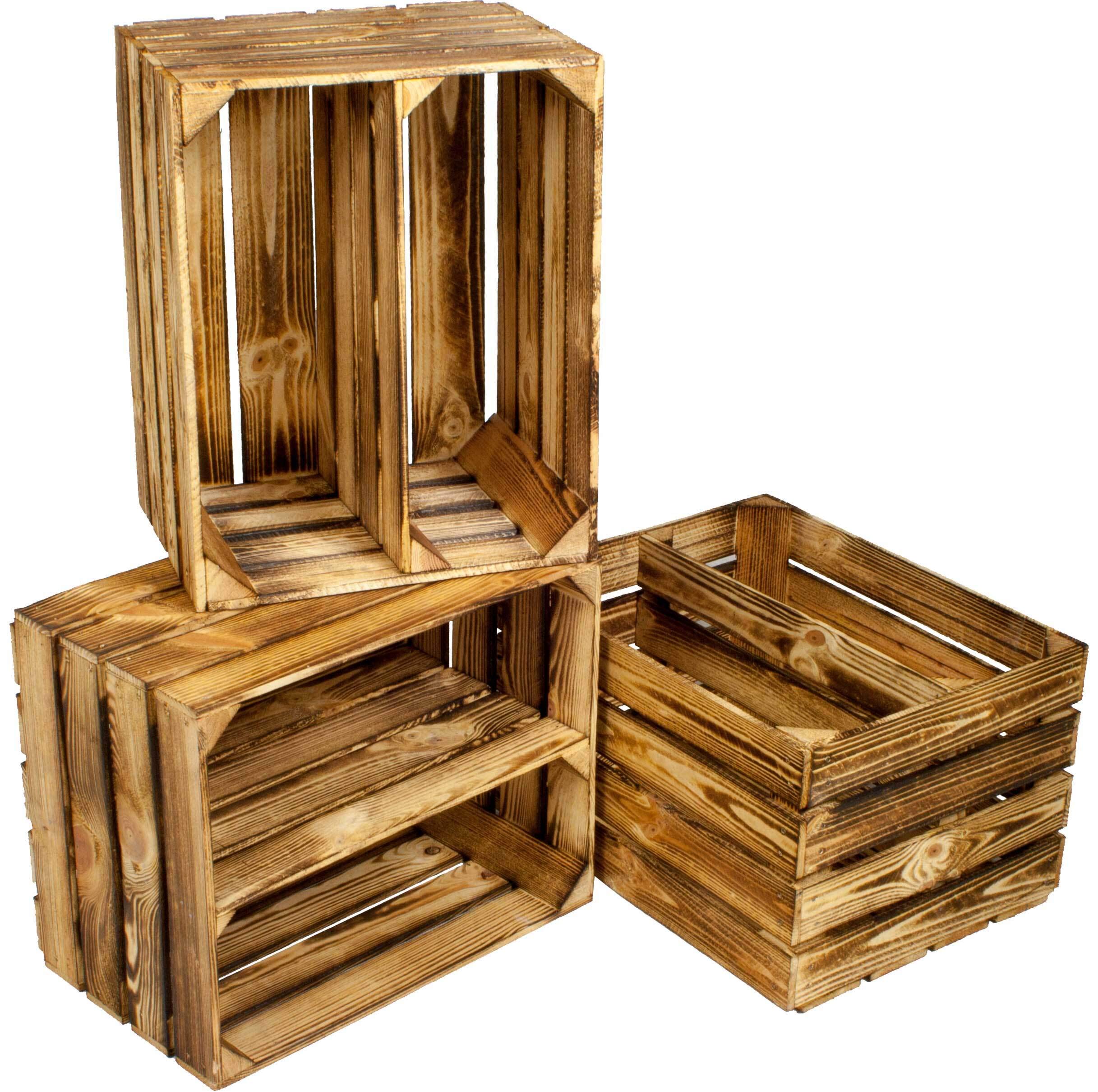 HDmirrorR Kistenbaron 3X Schuhschrank Schuhregal - Weinkiste Obstkiste Holzkiste - geflammt - 50x40x30cm
