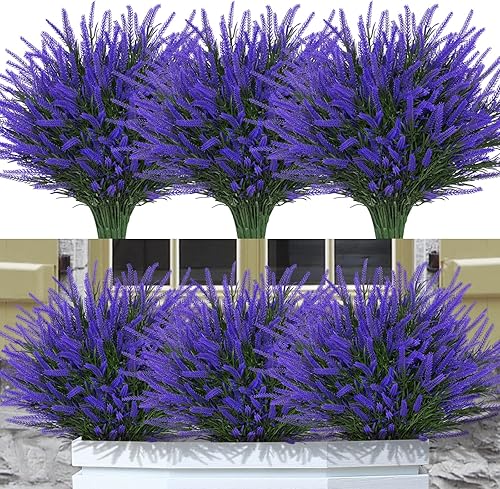 12 Bundles Fake Outdoor Flowers UV Resistant Plants Artificial Lavender Faux Plastic Shrubs Window Box Garden Porch Home DecorPurple