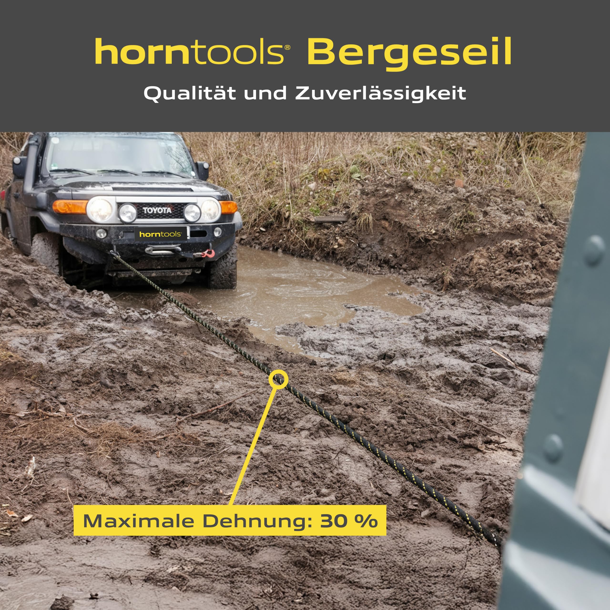 horntools Bergeseil kinetisch 24mm x 6,5m 12,7t Bruchlast, 6t WLL, schwarz, Abschleppseil PKW, Offroad, für LKW Jeep ATV UTV Traktor Straßenrettung