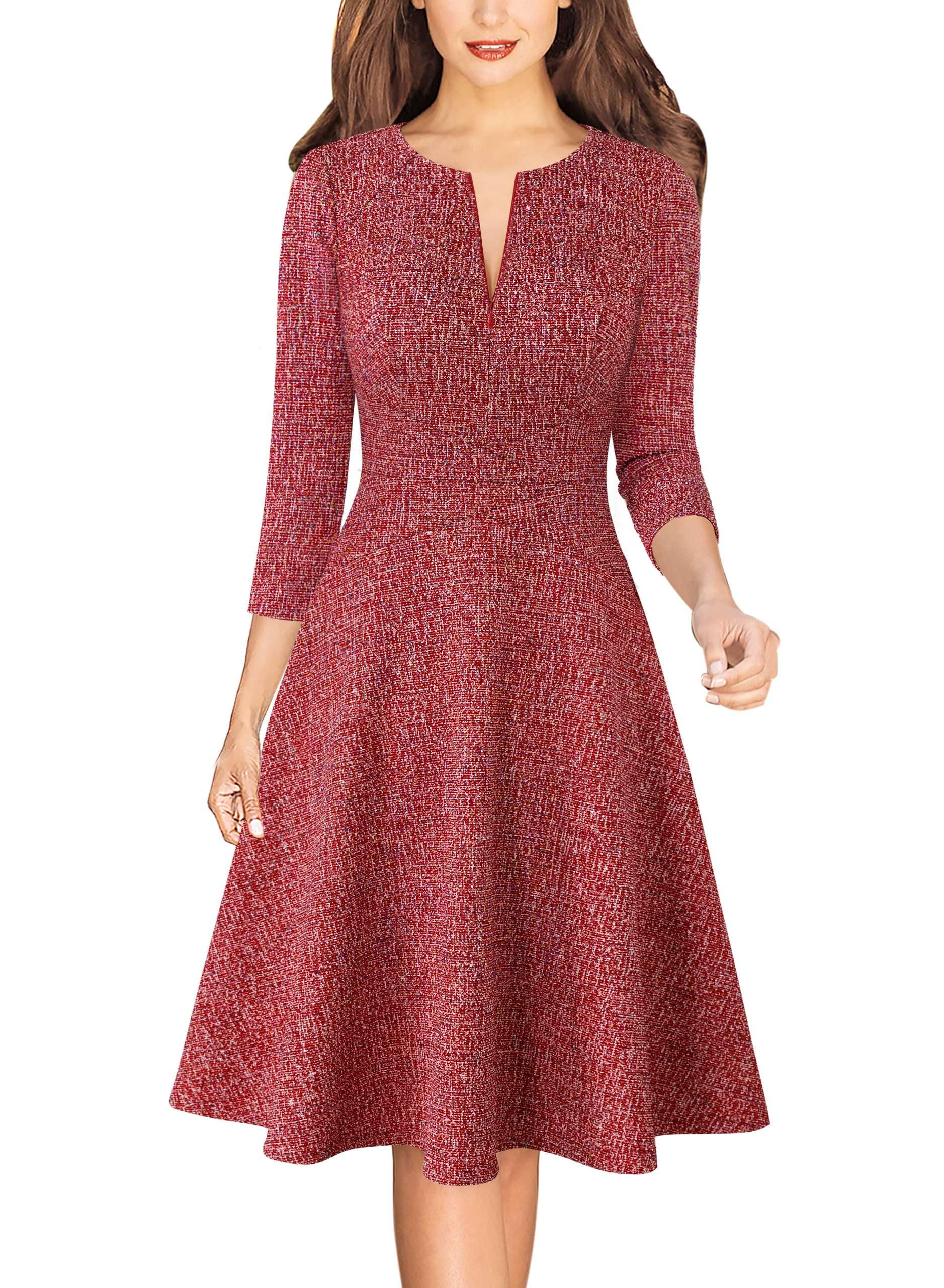 VFSHOW Womens Work Business Front Zipper A-Line Dresses 3 4 Sleeve Office Church Fit and Flare Skater Swing