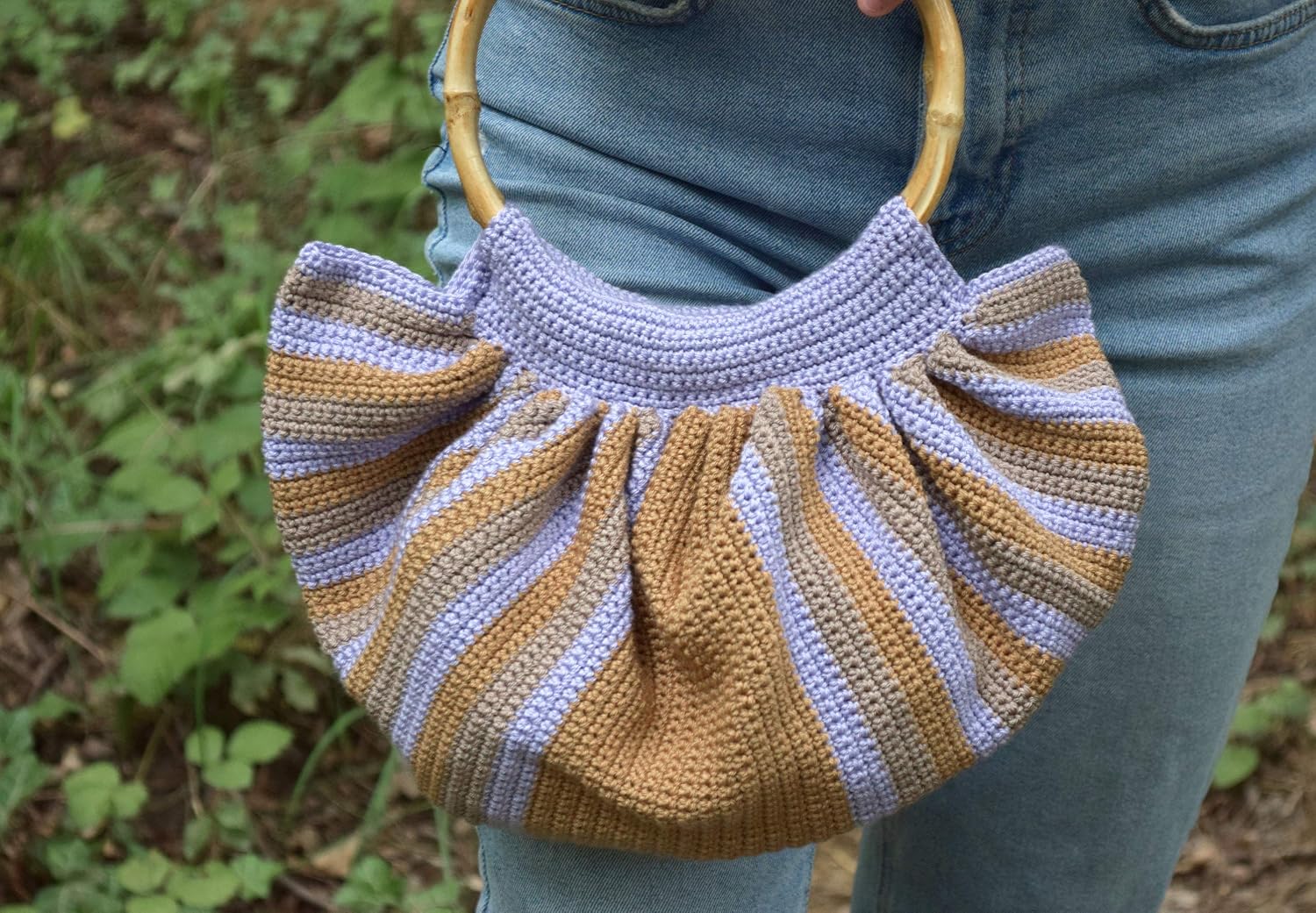 Boho Crochet Bag with Bamboo Circular Handles Bohemian Handbag Cotton Crocheted Purse Tote Unique Striped Handbag Mom Gift Hippie bags Purple Brown Gift for Woman Bohemian Eco Friendly