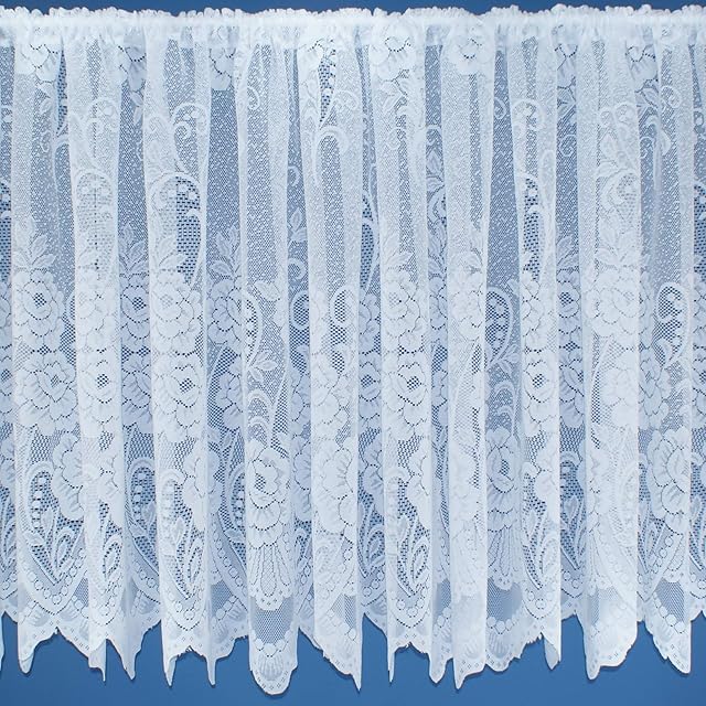 Rose Floral Pattern Traditional Jacquard White Net Curtain With Scalloped Bottom. 42inch (107cm) drop. Sold by the metre by Kelly's Soft Furnishings