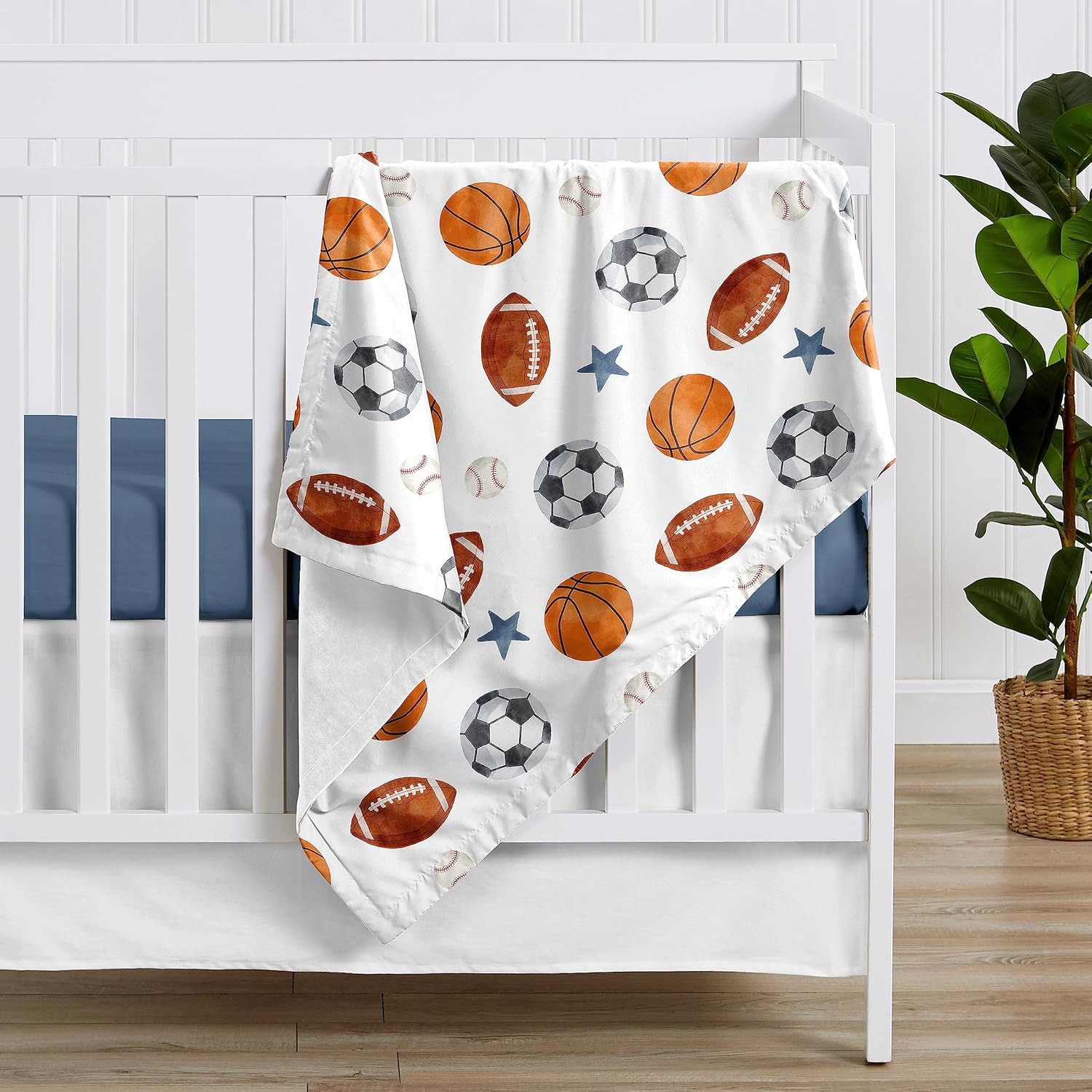 Sweet Jojo Designs Sports Theme Boy Soft Baby Blanket Receiving Security Stroller Swaddle Toddler Newborn Infant Kid Travel Warm Minky Watercolor Vintage Soccer Balls Football Baseball Basketball Star