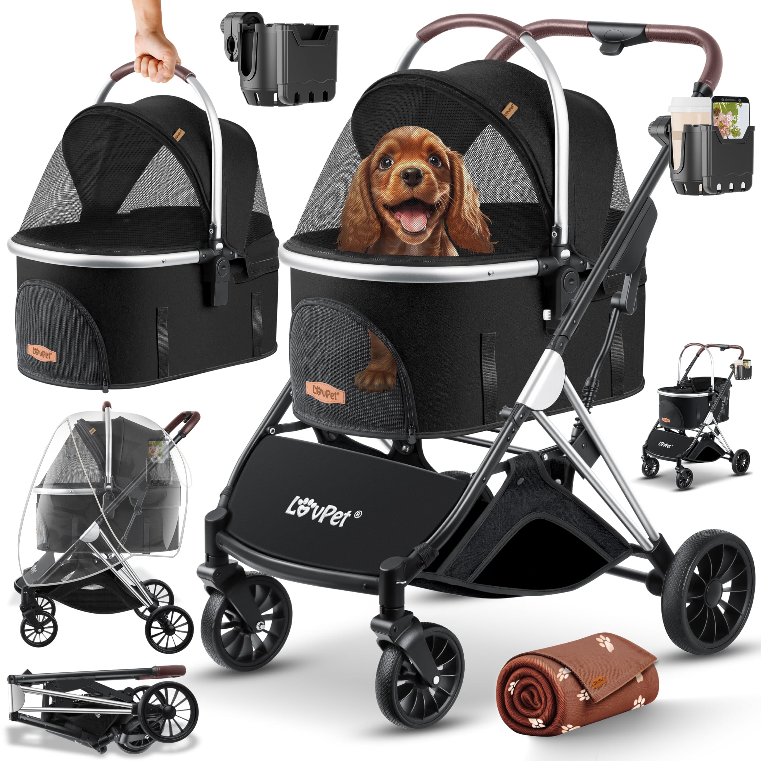 LOVPET® Passeggino per cani 3 in 1, borsa per il trasporto per cani di piccola taglia, pieghevole a 360°, con finestre a rete e copertura antipioggia, per cani di piccola taglia e gatti