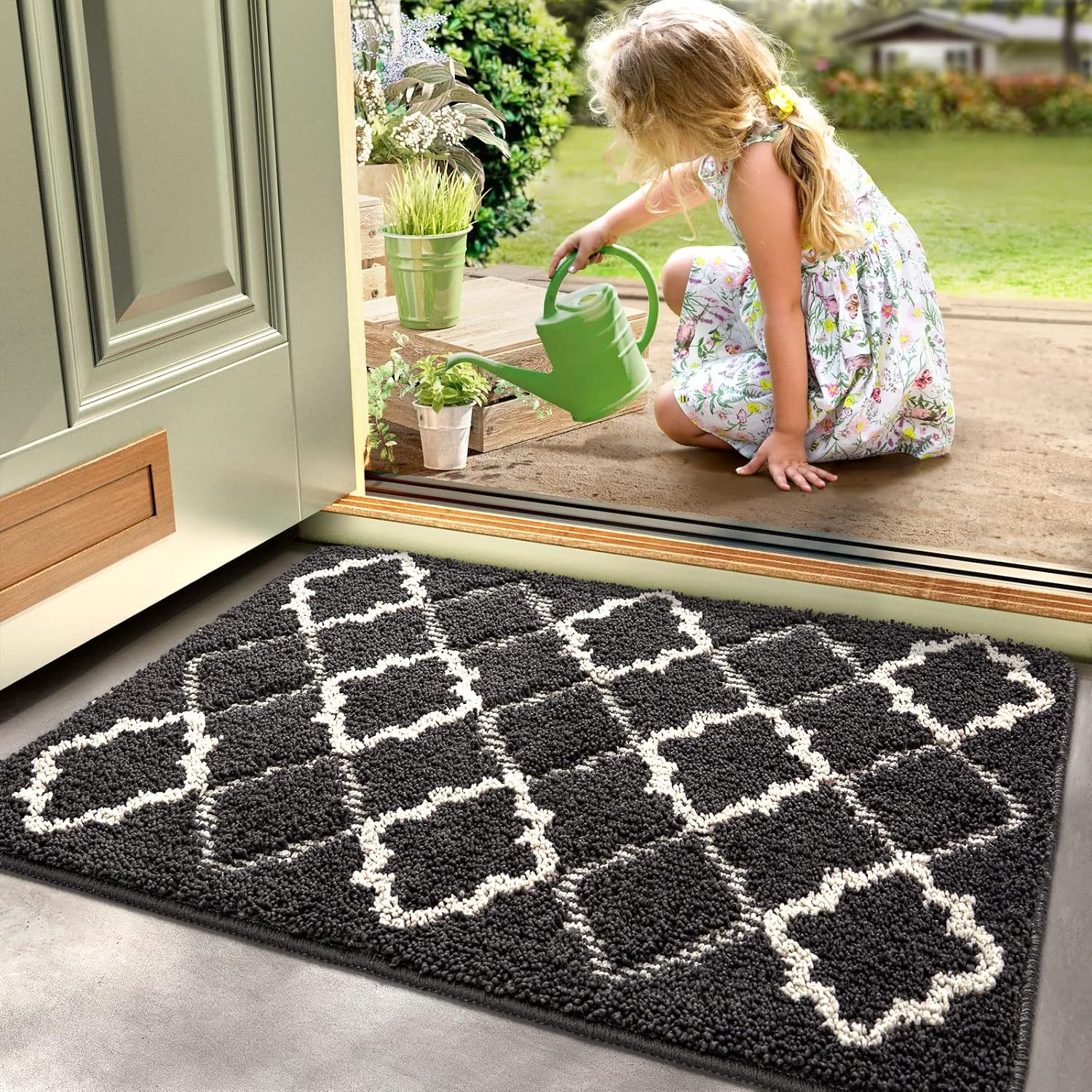 DEXI Front Door Mat, Absorbent Non-Slip Resist Dirt Entry Mat, Washable Low-Profile Doormats for Entryway, Back Door, High Traffic Areas, 32"x20", Charcoal